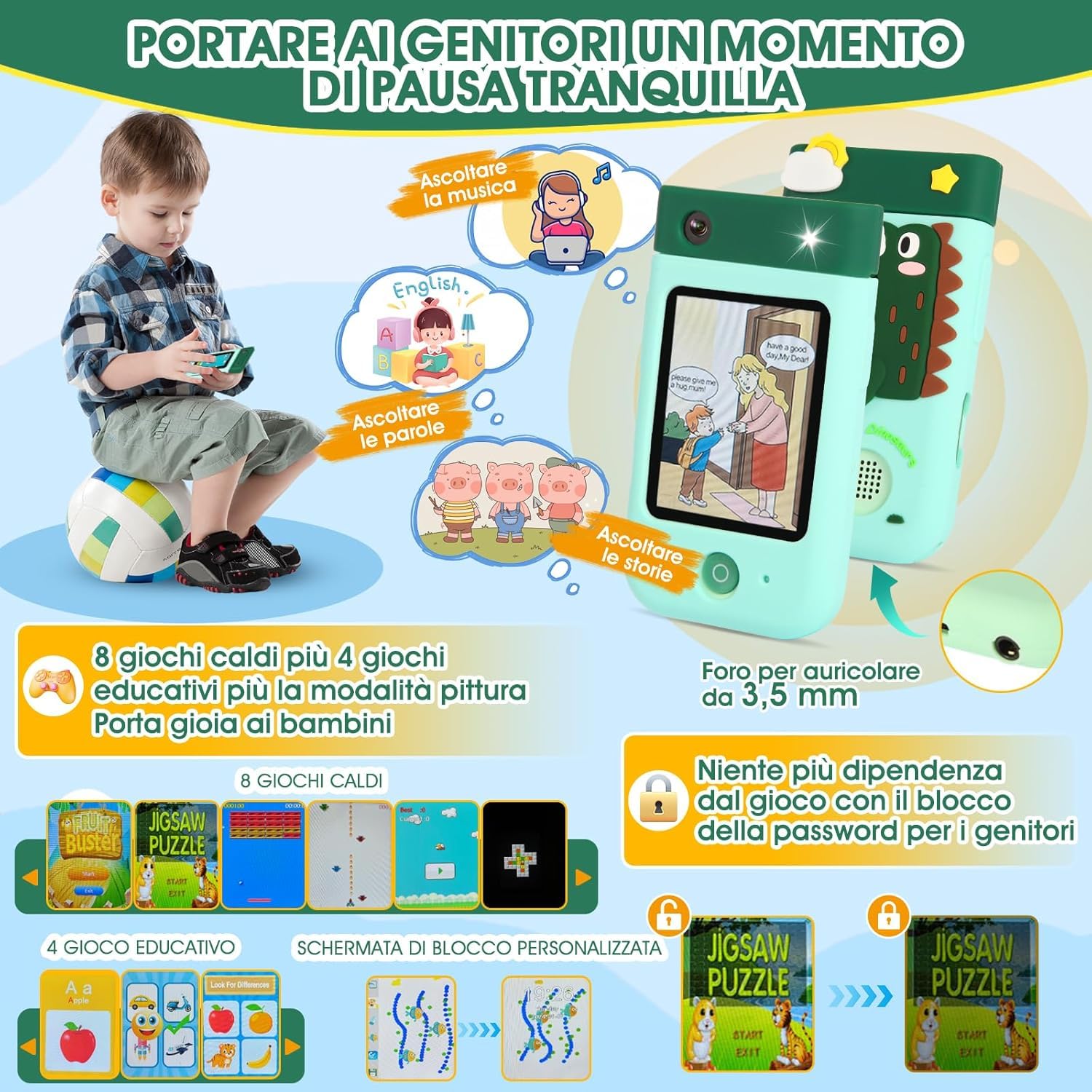 Macchina Fotografica Bambini, 180° Obiettivo,Video 1080P con Custodia Silicone, fotocamera per bambini per 3 4 5 6 7 8 anni, ragazze, ragazzi, regalo di Natale e compleanno per bambini, A200