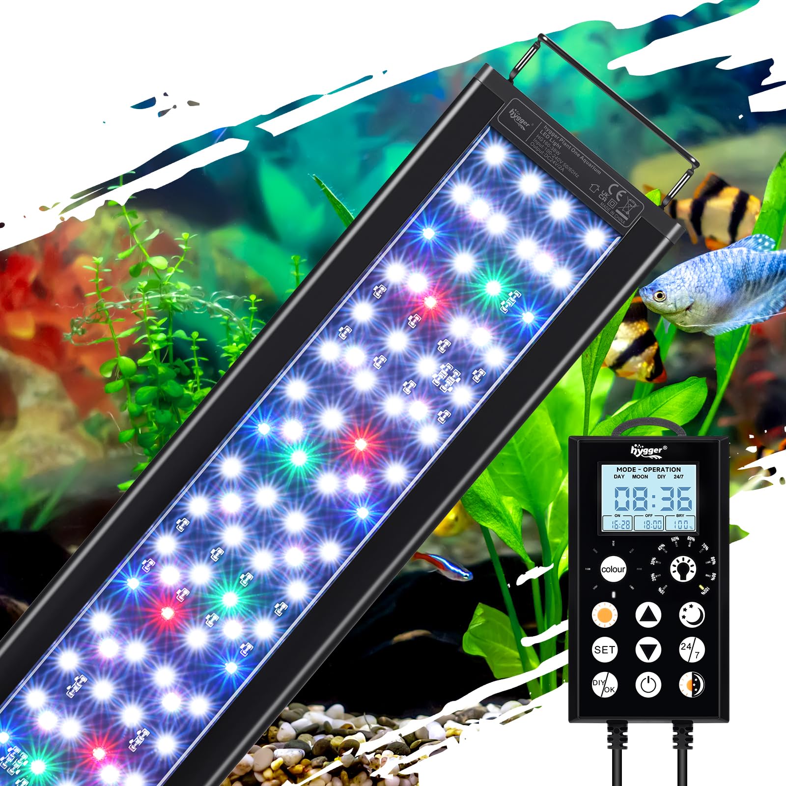 hygger 38W LED Aquarium Light, 24/7 Mode Fish Tank Light with Timer, IP68 Waterproof Full Spectrum Aquarium Plant Lights, Adjustable Brightness Extendable Bracket Memory Function for Freshwater