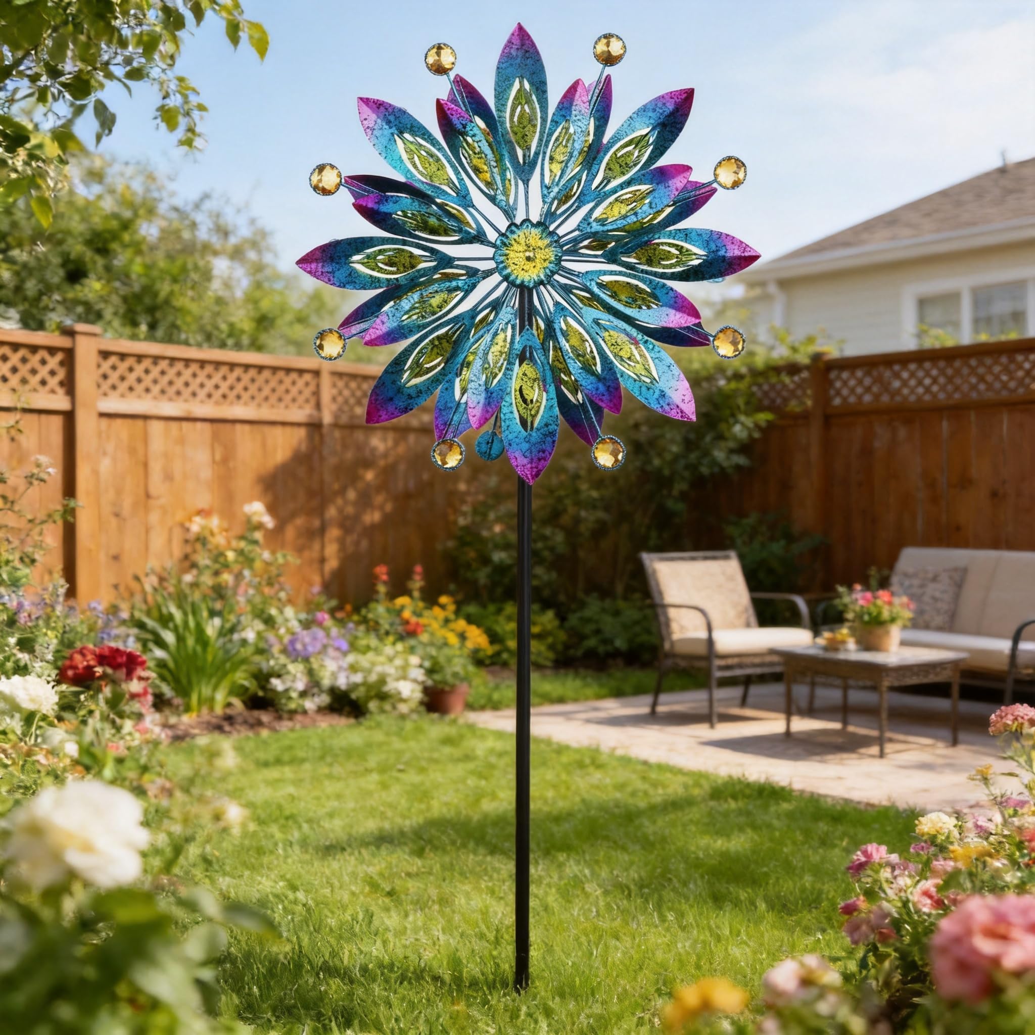Girandola a vento per cortile e giardino, mulino a vento da esterno in metallo, scultura cinetica a vento bidirezionale con rotazione a 360 gradi per decorazione di cortile, patio e prato, 154 cm
