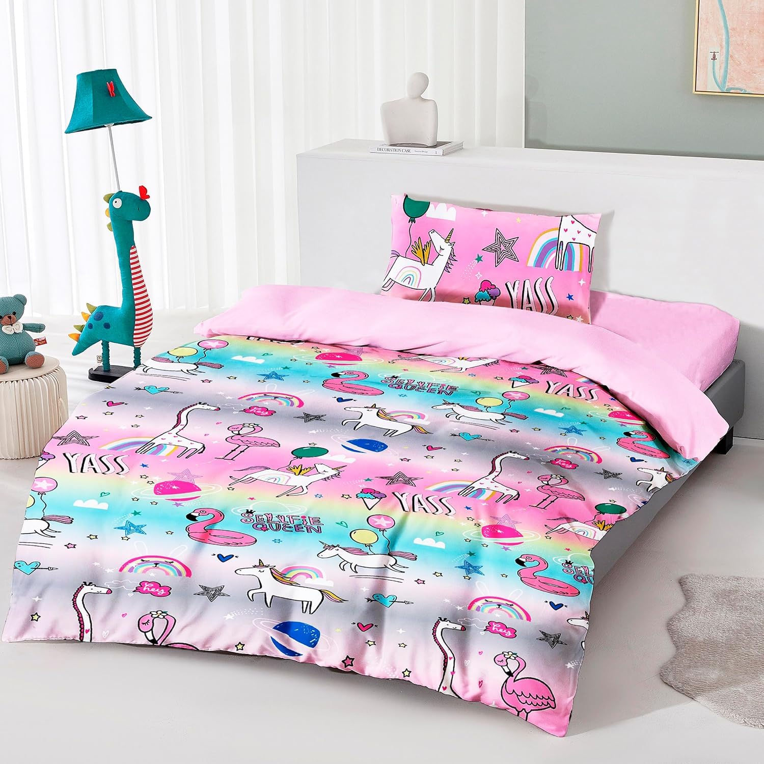various Juego de Funda Nórdica Infantil para Cama 90cm de 3 Piezas - Funda Nórdica 150x220cm, 1 Funda de Almohada 45x70cm y Bajera Ajustable 90x190, Poliéster Suave y Transpirable (Unicornio Rosa)