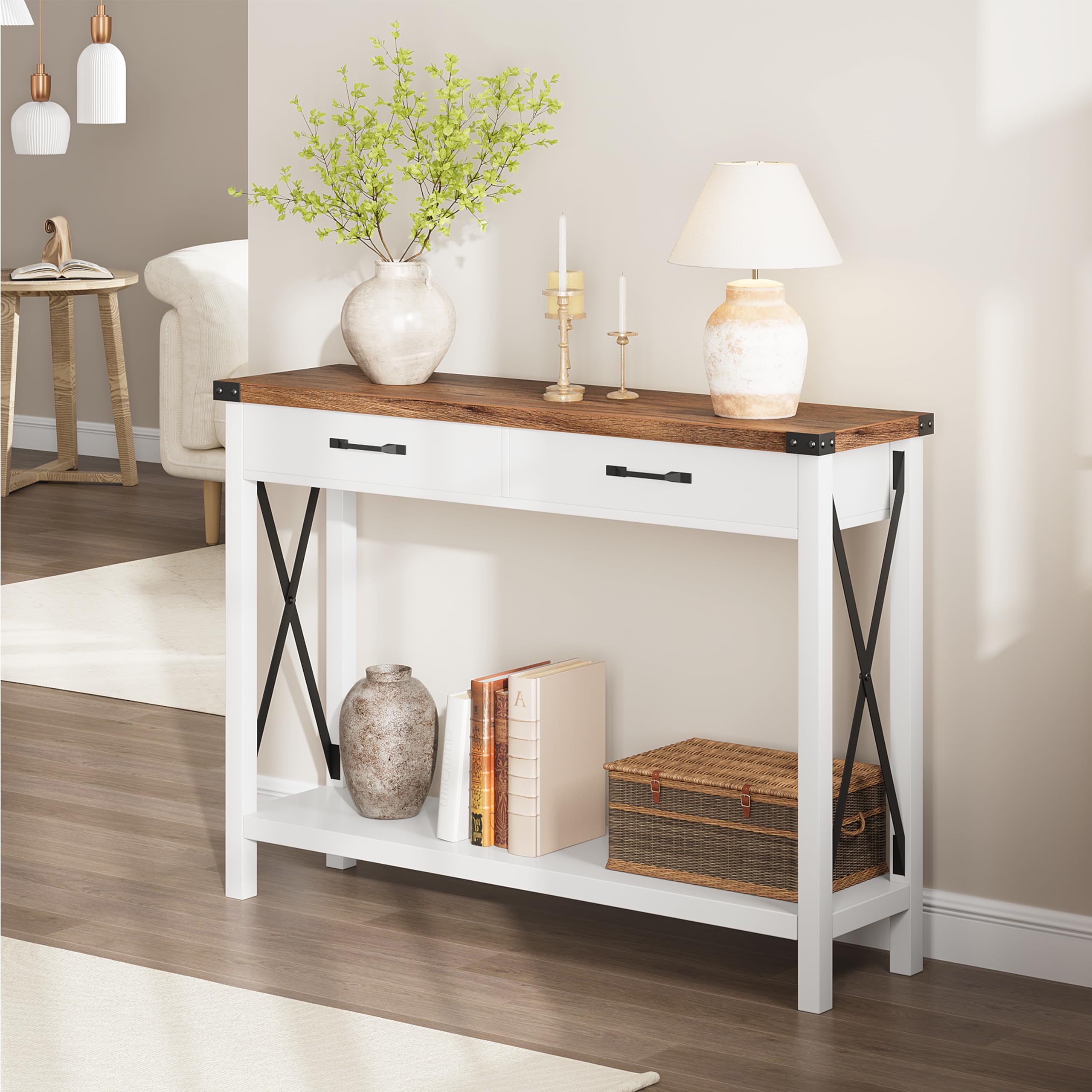Garvee Mesa Consola Estrecha Estilo Rústico con 2 Cajones y Estante, Mueble Recibidor y Salón, Madera MDF Blanco y Marrón 109x30x79 cm
