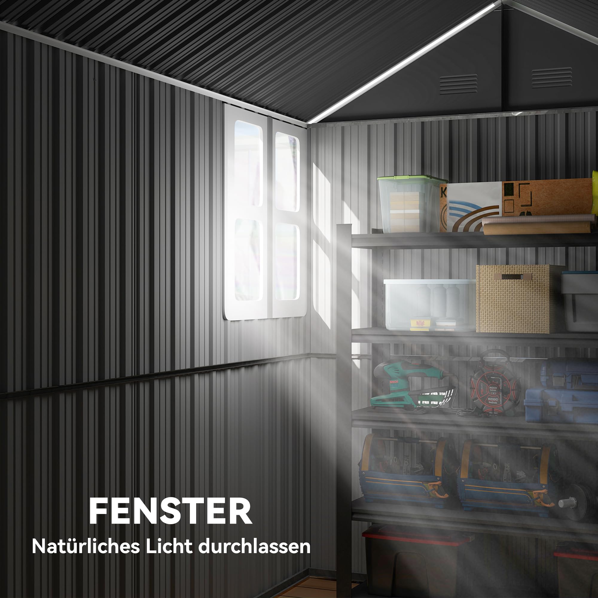 Outsunny Geräteschuppen 4㎡ mit Fenster 259 x 172 x 222 cm in Dunkelgrau | Stahl Gartenhaus, Abschließbares Gerätehaus, Gartenschrank, für Terrasse, Balkon