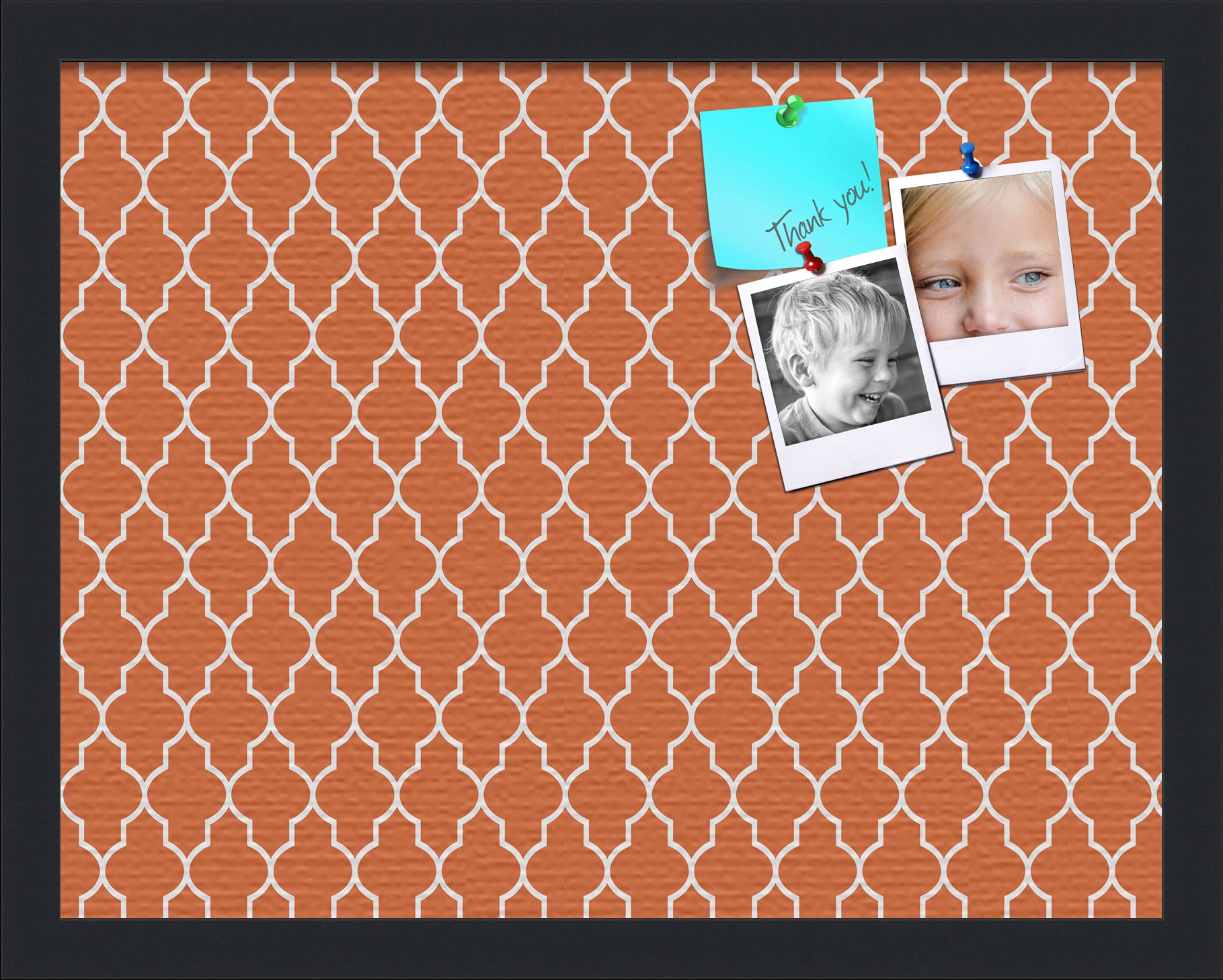 PinPix 18x14 Custom Cork Bulletin Board Quarterfoil Orange Poster Board with a Canvas Style Photo Board, Framed in Satin Black (PinPix-328)