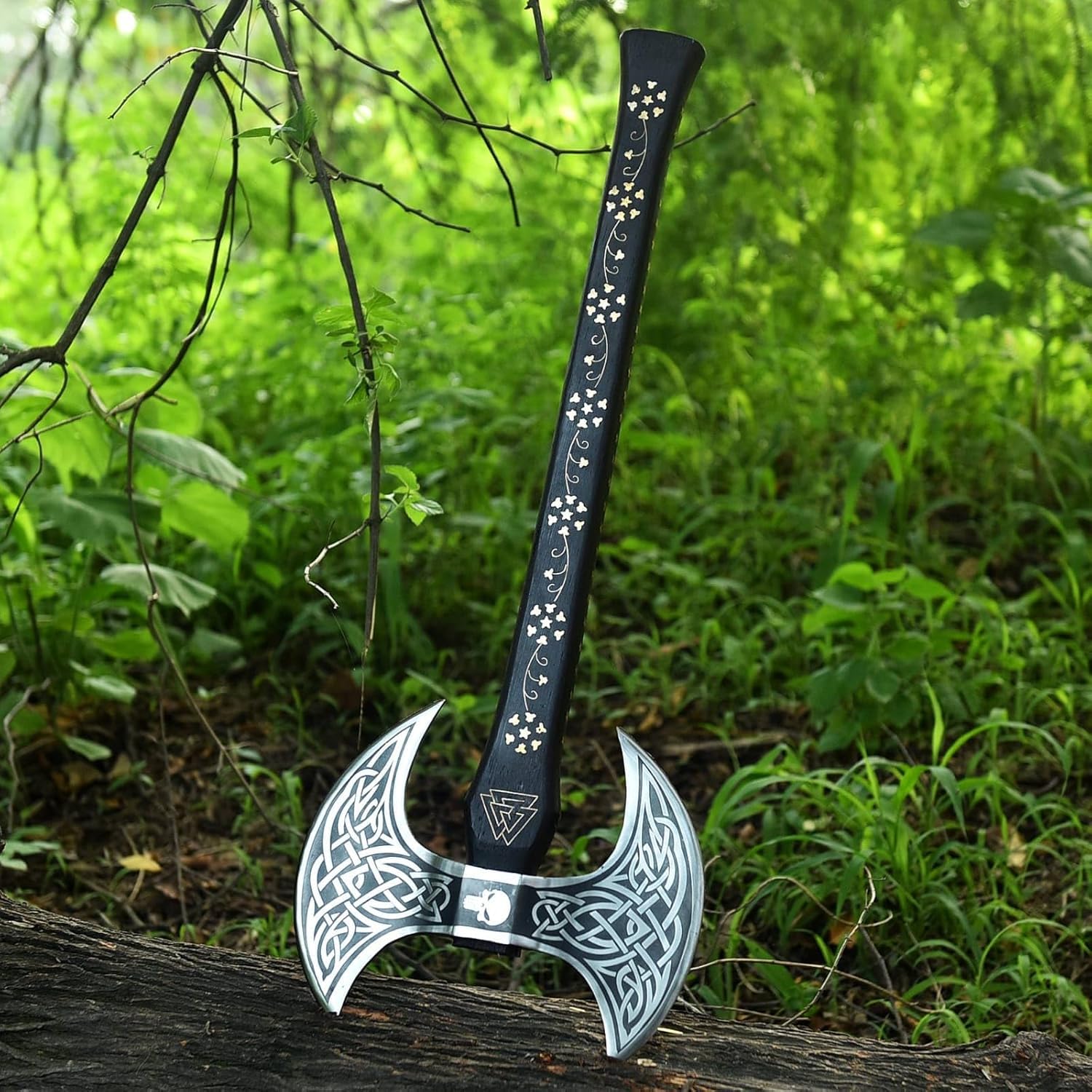 Handgeschmiedet Wikinger Doppelaxt mit Lederscheide. Large Norse Axe, Geschenkidee für Männer – Handgeschmiedete Doppelkopf-Wikinger-Axt aus Kohlenstoffstahl für Outdoor, Camping, Jagd, Deko