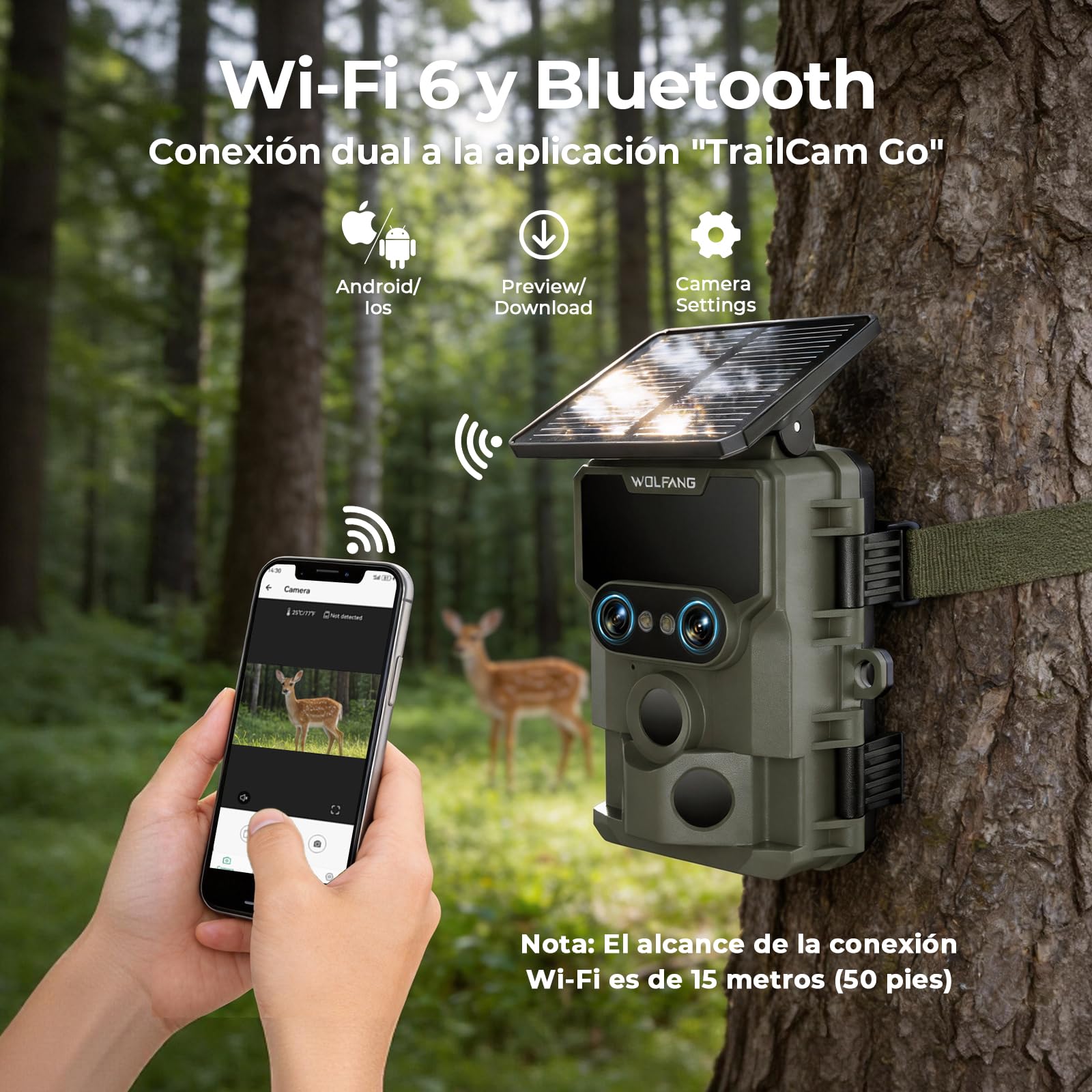 WOLFANG Cámara de Caza, Lente Dual Solar Cámara Fototrampeo 64MP 4K HD con Batería Interna de 5000mAh Ángulo de Detección de 120° Visión Nocturna Estrellada IP66 Impermeable con Tarjeta Micro SD 64GB