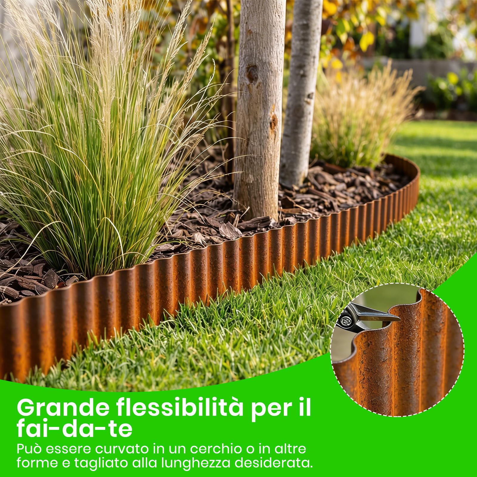 Bordura per Giardino in Acciaio Corten 12m x 15 cm, Bordura per Aiuola in Metallo, Bordo per Prato in Ruggine, 1 Paio di Guanti Incluso, per delimitare aiuole (Forma ondulata, 12M x 15CM)