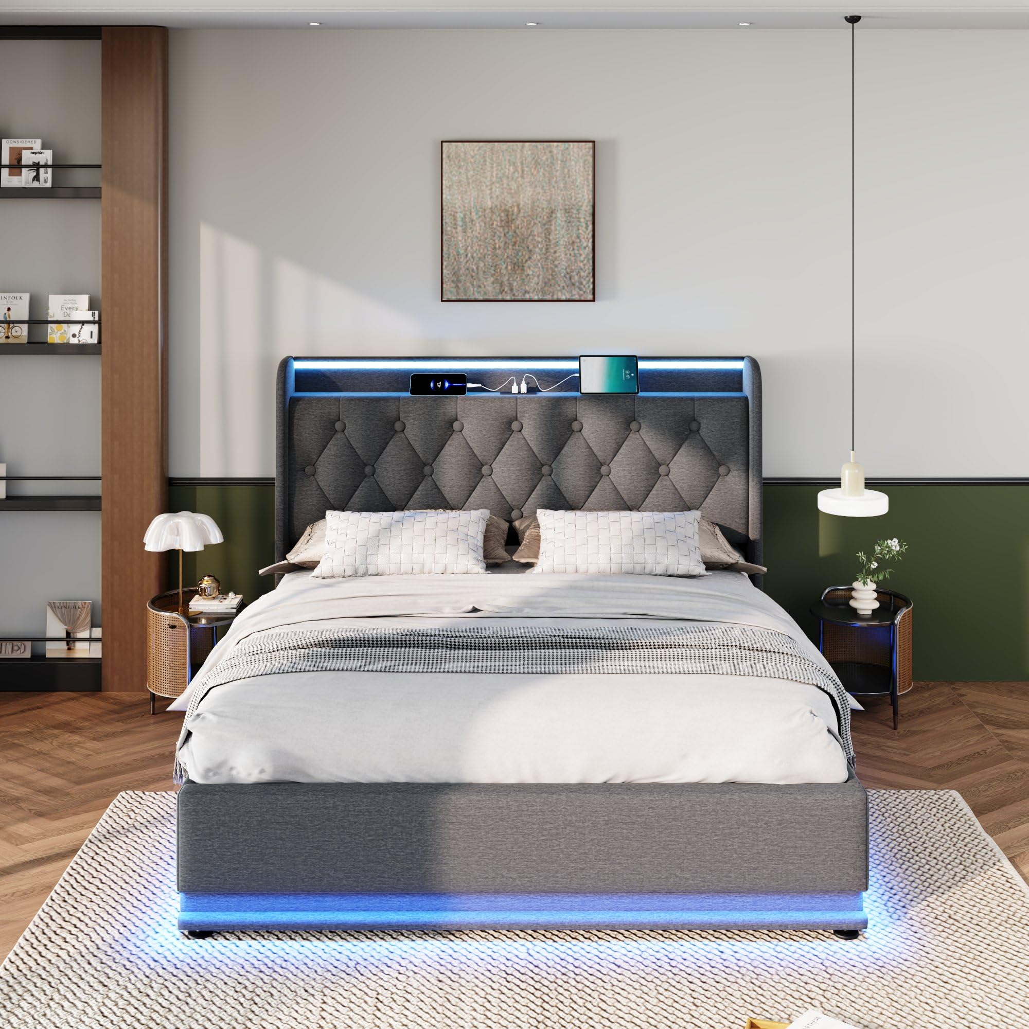 Letto contenitore doppio 160x200 cm, letto una piazza e mezza,letto imbottito con porte USB, illuminazione a LED e sistema idraulico, tessuto in lino, grigio (senza materasso)