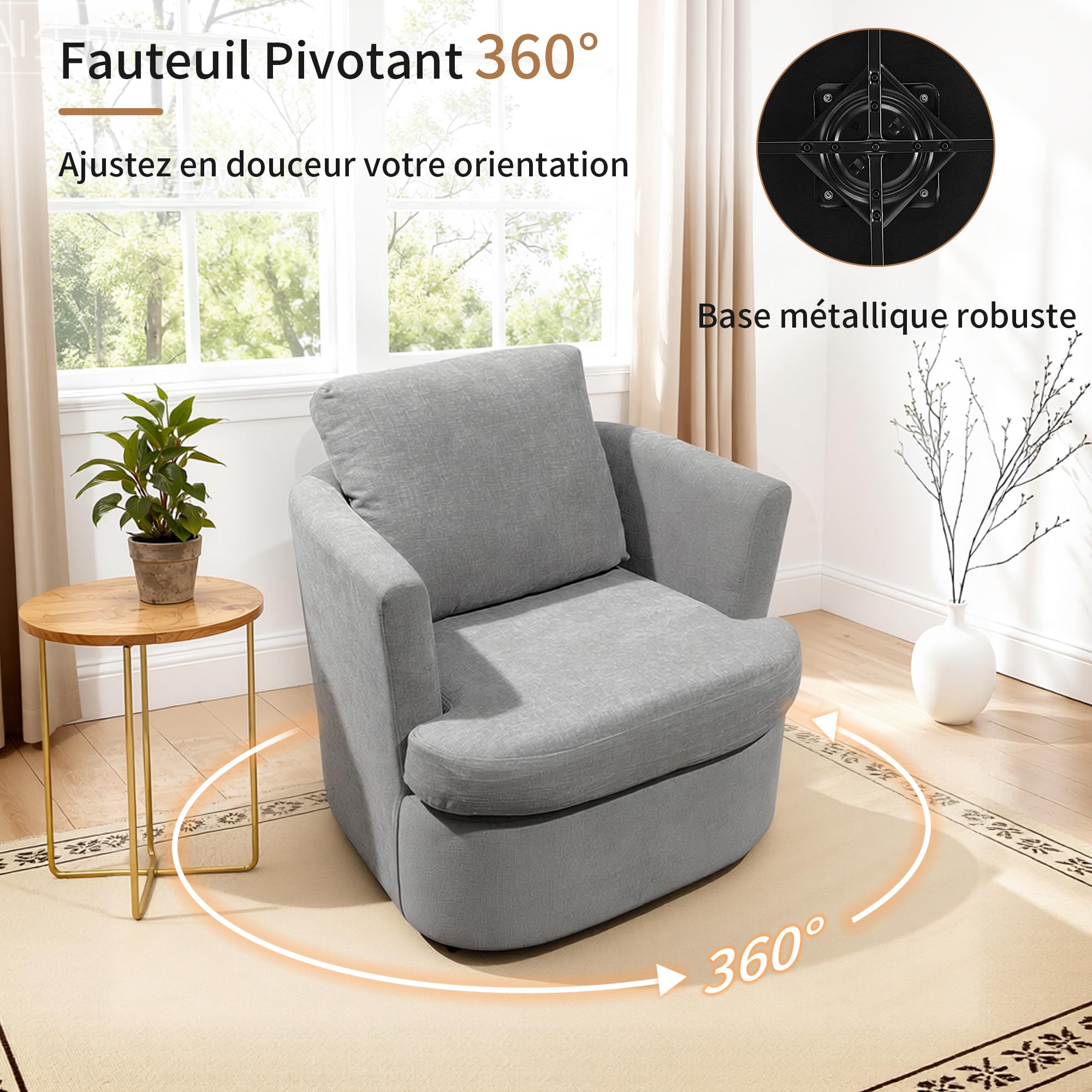 BonVache Fauteuil Tournant, Fauteuil en Chenille, Chaise de Détente Pivotante à 360°, avec Dossier en Forme de U et Assise Rembourrée, Convient pour Le Salon, la Chambre et Le Bureau, Gris