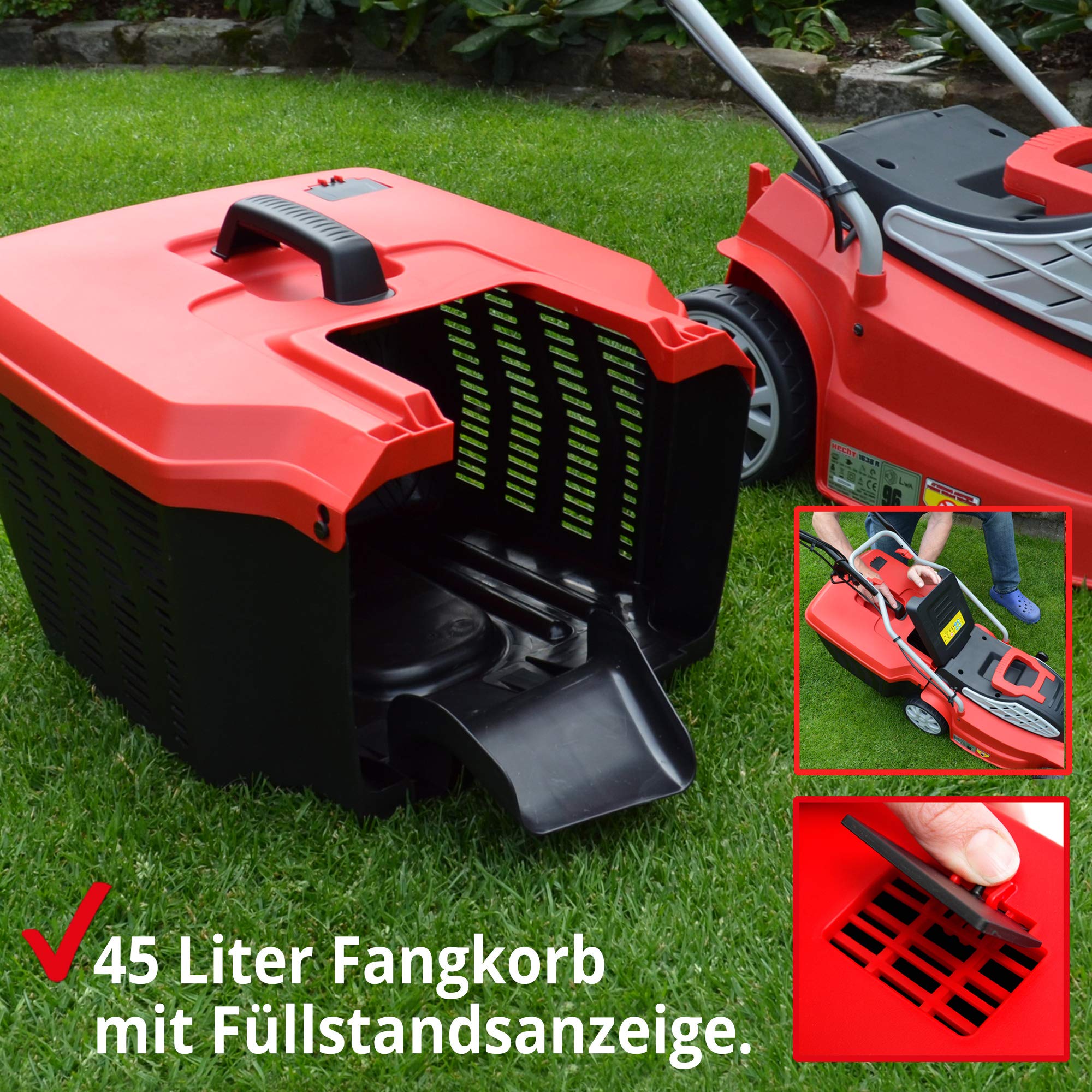 HECHT Premium Elektro Rasenmäher 1600 W 38 cm 45 L Fangkorb | Turbo-Motor, zentrale 5-fach Schnitthöheneinstellung, Elektro-Mäher für einen gepflegten Rasen