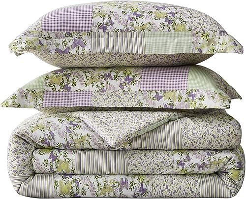 Miniatura 9 de Chezmoi Collection Daisy - Juego de edredón de retazos estampado de 3 piezas, diseño a rayas de caramelo botánico de mariposa morada, a cuadros,