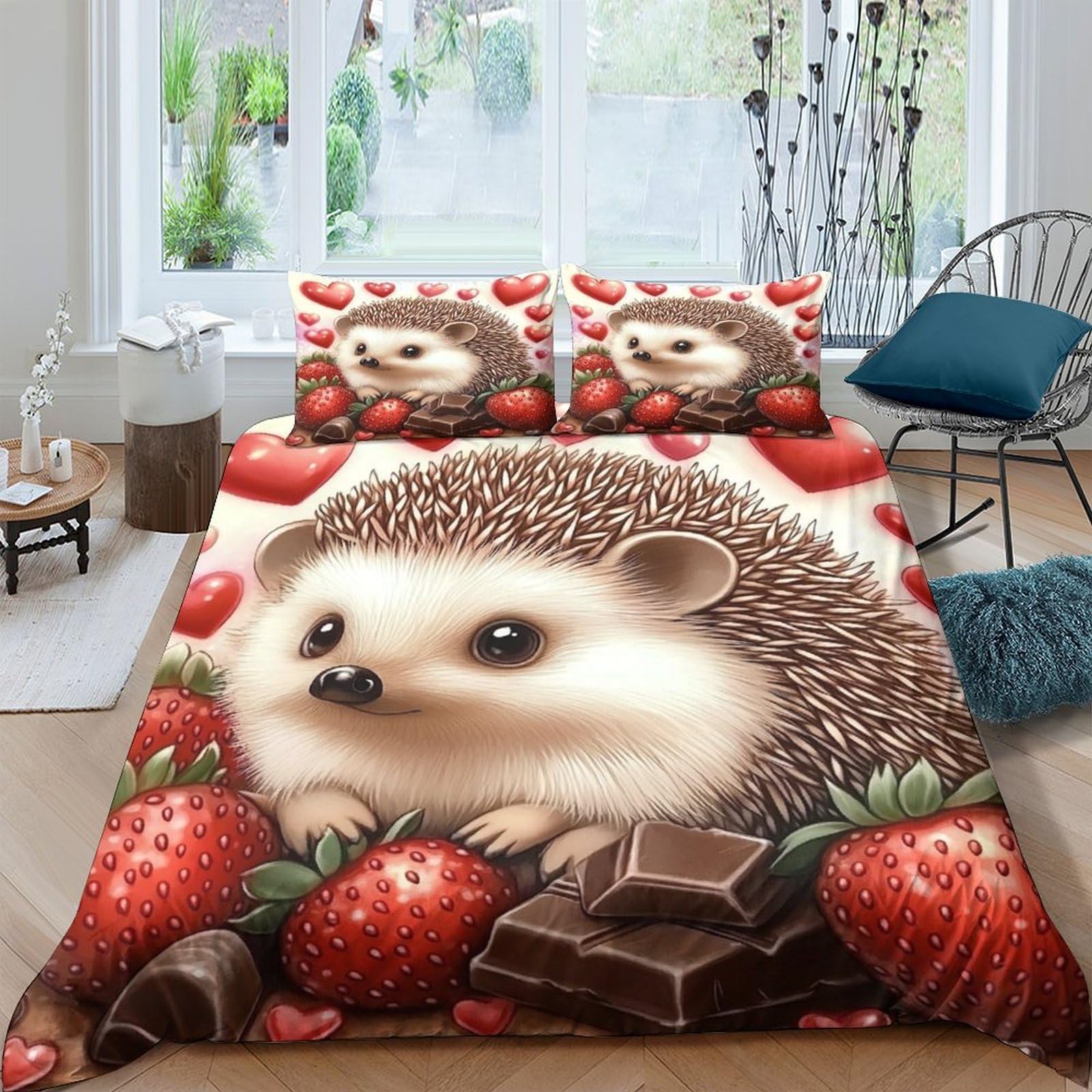 Ctjqhvkz Style-1 3D Printed Hedgehog Strawberry Fitted Sheet Microfiber Soft Decor Chocolate Bed Sheet Bedroom Dorm Mattress Protection Single（135X200cm）