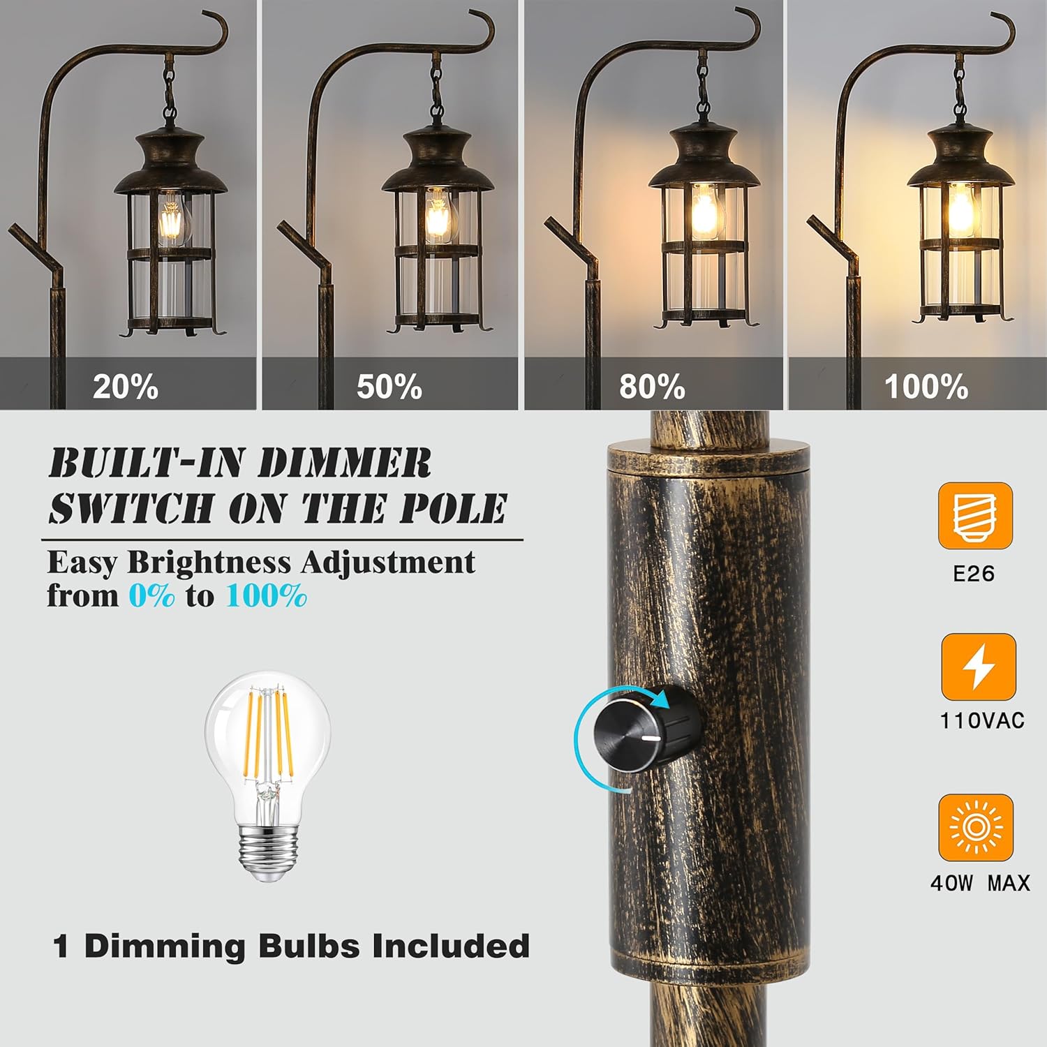 Vintage Dimmable Floor Lamp,Classical Lanterns Standing Lamp, Rustic Farmhouse Floor Lamp with Bronze Finish for Living Room Bedroom,Bar,Basement (Bronze)