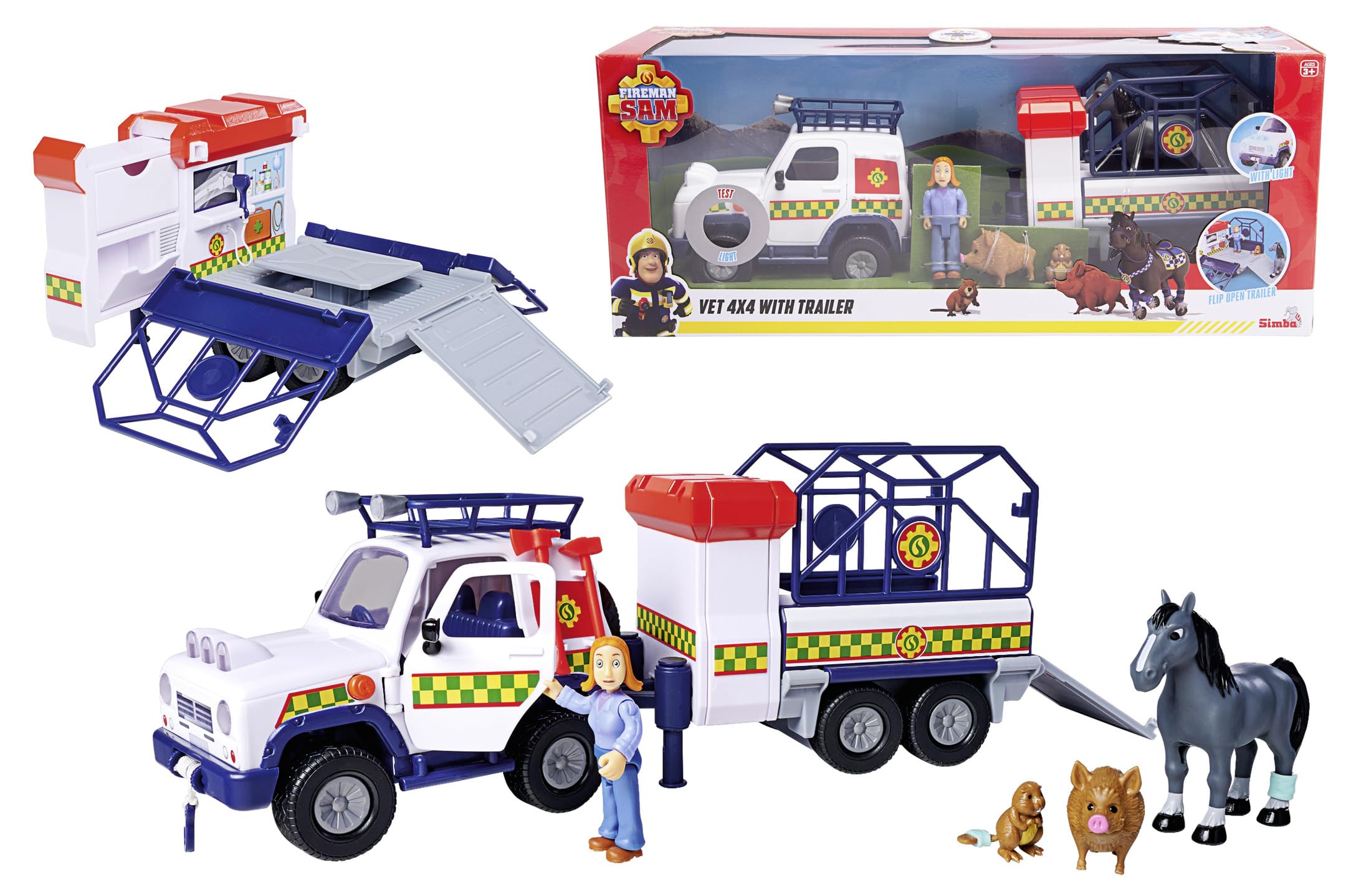 Fireman Sam 109252624038 Animal Rescue Pendant, Moving Figure Lizzie 7.5 cm and 3 Animal Figures, Light Effects, Officially Licensed Toy from the Series