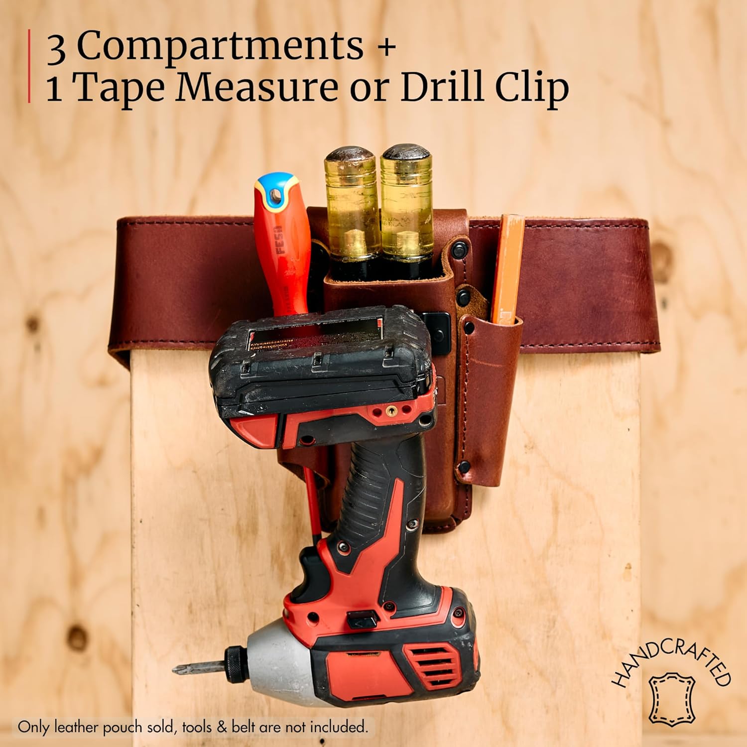 FESA Small Leather Tool Pouch - 4-in-1 Heavy Top Grain Leather Small Tool Pouch with a Steel Tape Measure Clip, 3 Pockets & Reinforced Heavy Duty Rivets - Fits Belts up to 3" - Handcrafted