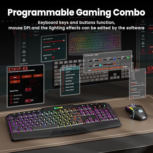 Miniatura 5 de Redragon S101M-KS Combo de teclado y mouse para videojuegos inalámbrico con Tri-Mode, teclado RGB y mouse para juegos de 4800 DPI, 10 teclas Negro