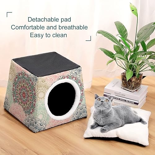 Miniatura 6 de Casas y condominios impresos para gatos con diseño de cubo plegable con almohada extraíble, diseño floral de mandala retro