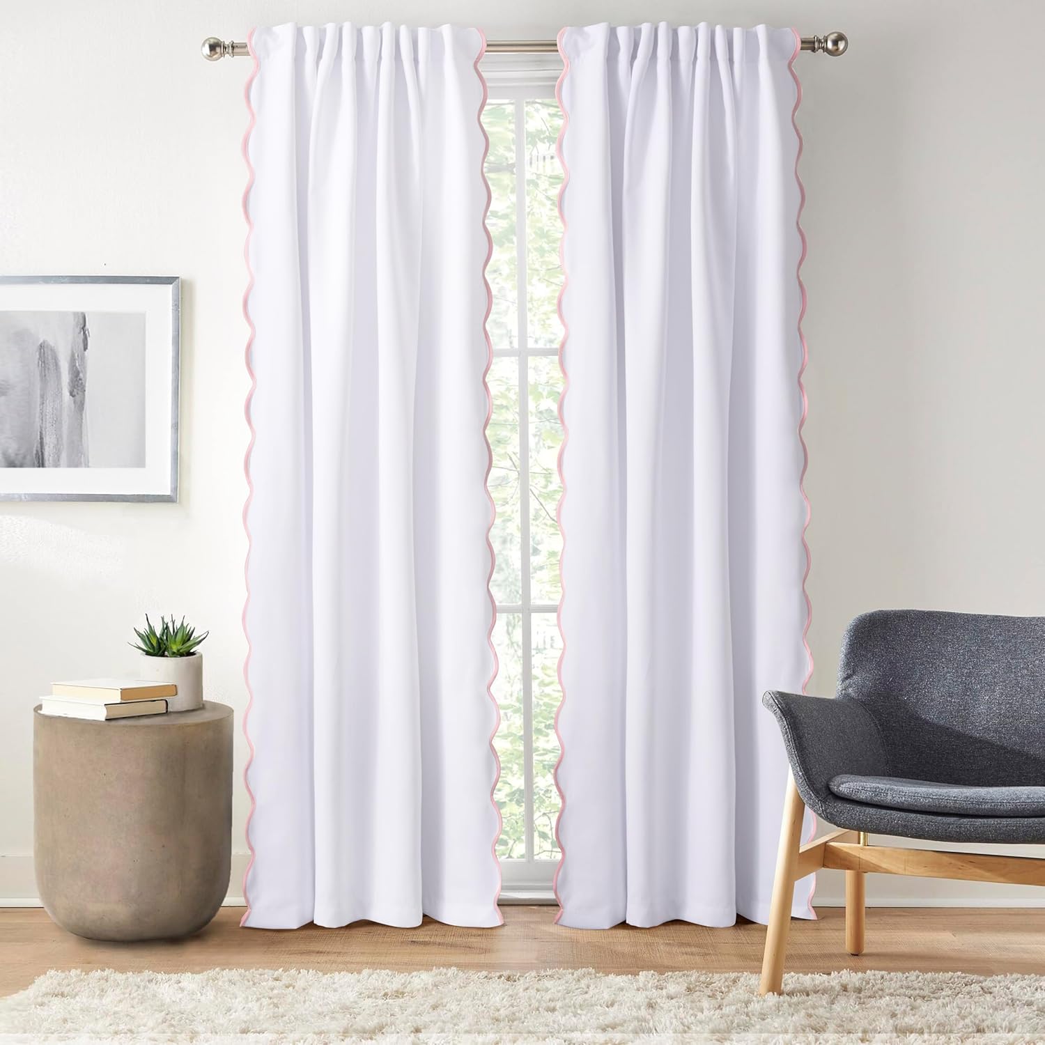 HIG Scallop Edge Window Curtains, 52" W x 84" L x 2 Panel Light Filtering Thermal Drapes, Room Darkening, Energy Saving, Noise Reducing, Easy Care Curtains for Home Decor
