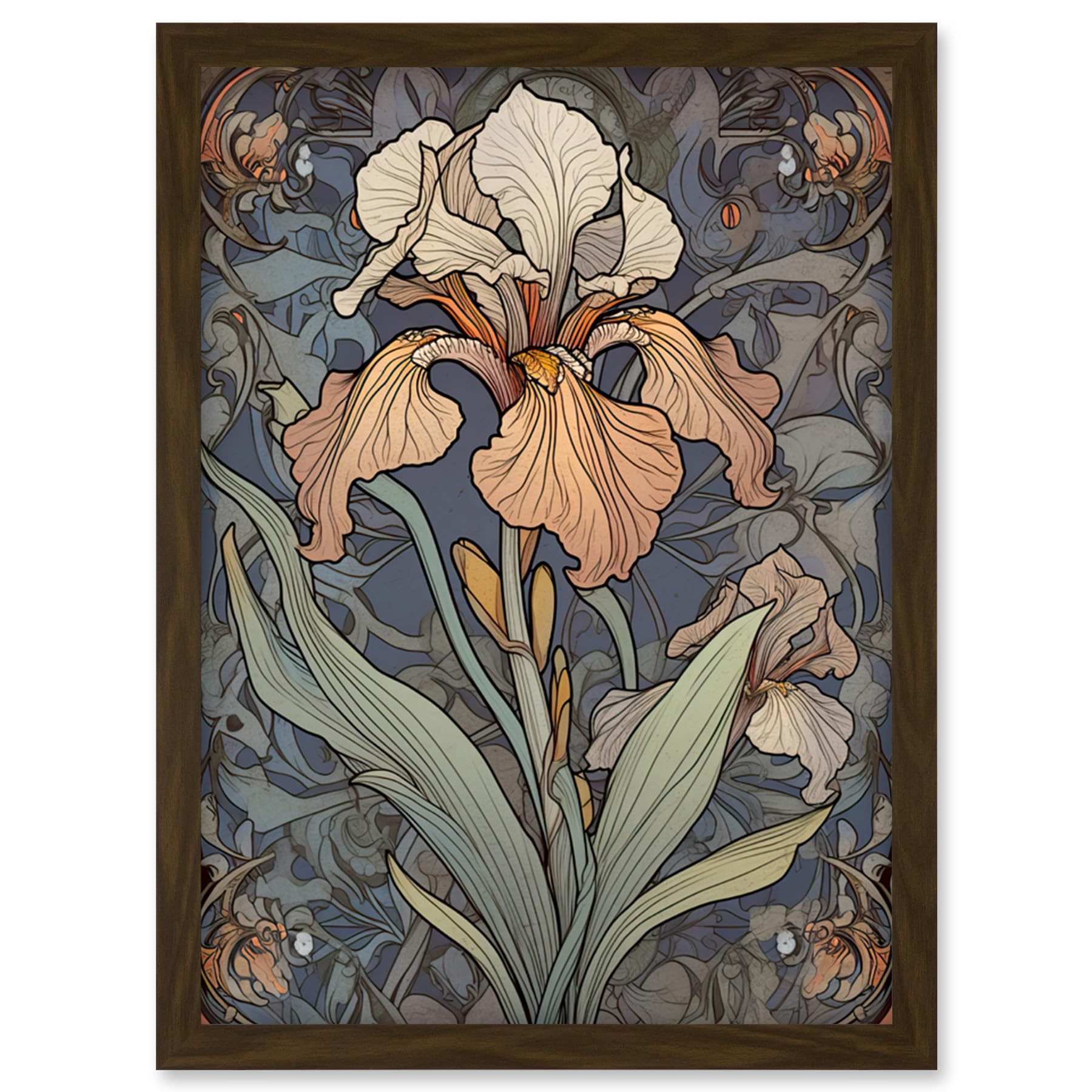 Artery8 Art Nouveau Style Iris Bloom Flower Watercolour Artwork Framed Wall Art Print A4