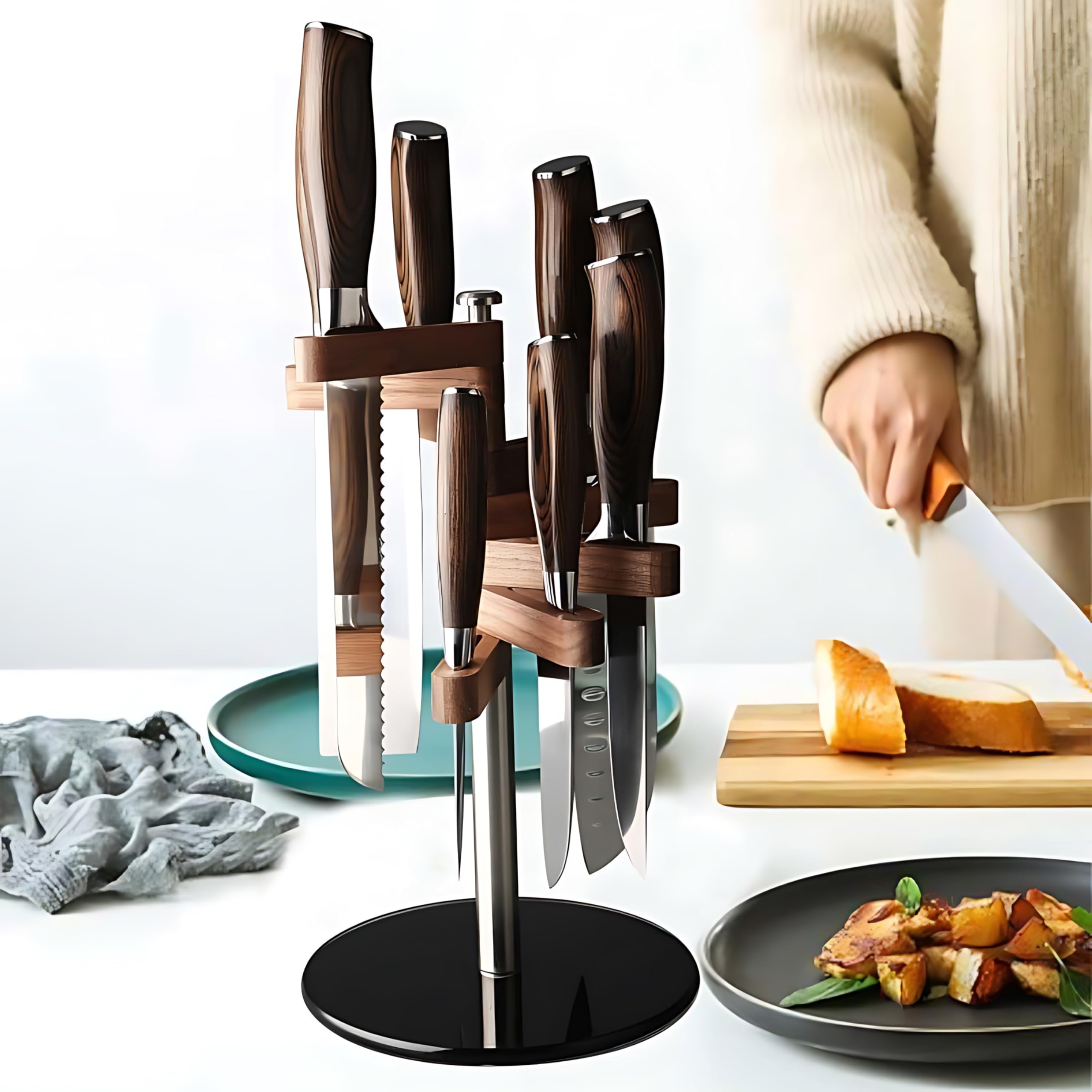 hochwertiger Messerhalter aus Walnussholz, Edelstahl und Glas, unbestückt, hygienisch und platzsparend, drehbar, Küchenmesserhalter, Messerblock ohne Messer, in Geschenkbox
