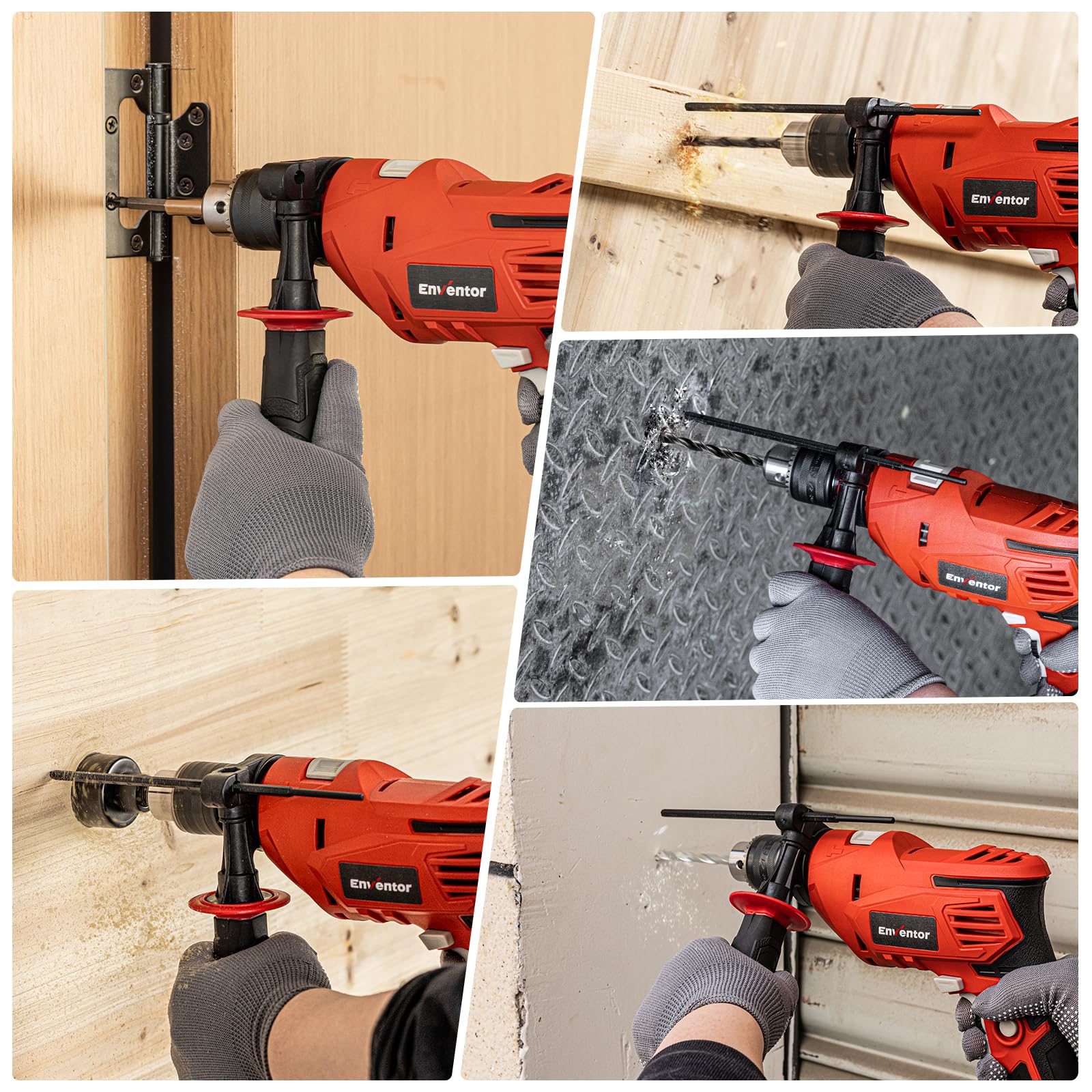 Enventor Trapano a Percussione 900W, Trapano Elettrico a Filo con 37 Accessori, Funzione 2 in 1, 0-3000RPM, Impugnatura Ausiliaria a 360°, Mandrino da 13MM, per Calcestruzzo, Metallo e Legno