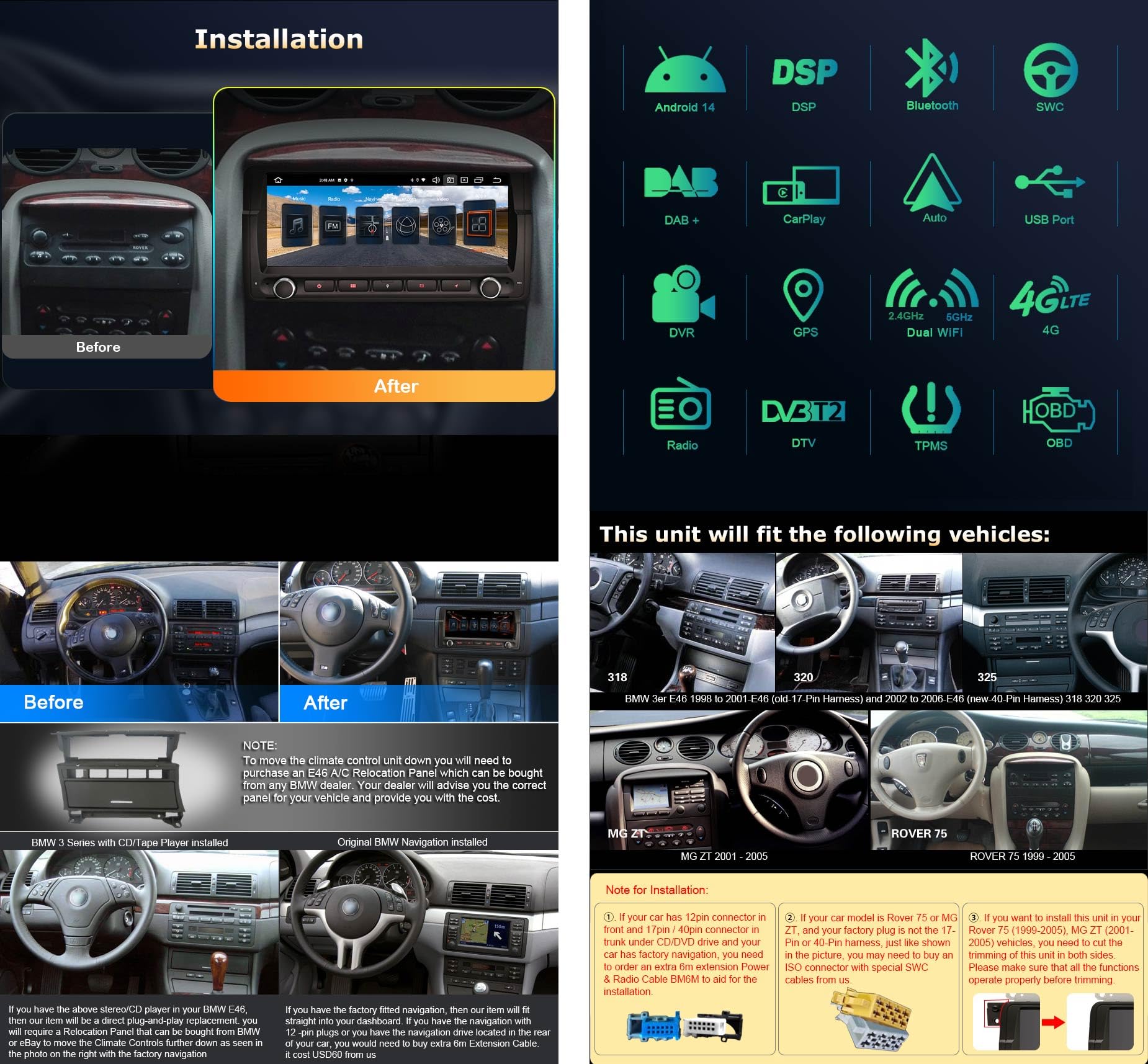 Erisin 8.8 Pulgadas Android 14 Radio Coche Estéreo de Automóvil para BMW Serie 3 E46 Rover 75 M3 MG ZT Soporte GPS Carplay Android Auto DSP Bluetooth WiFi Dab + TPMS 8-Core 4GB RAM + 64GB ROM