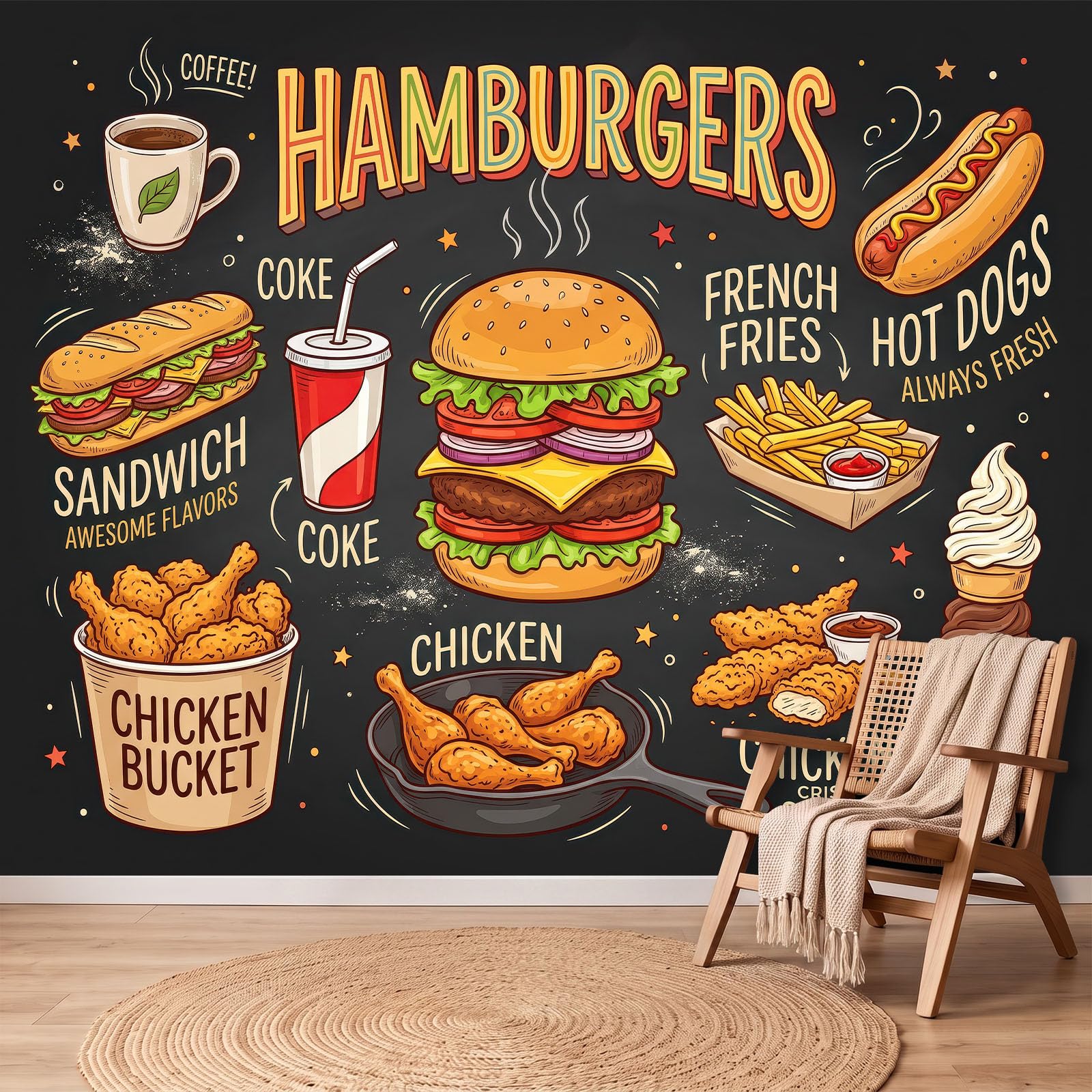 Fototapeta z motywem żywności, czarna, olbrzymi burgery i fast food, w amerykańskim stylu, tapeta z włókniny, nowoczesna tapeta ścienna, kuchnia, dekoracja ścienna, tapeta z motywem, 250 x 175 cm