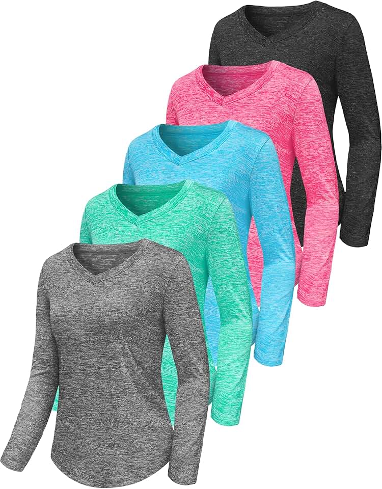 Women's Quick Dry Long Sleeve Shirts - Moisture Wicking Athletic V-Neck Workout Tops