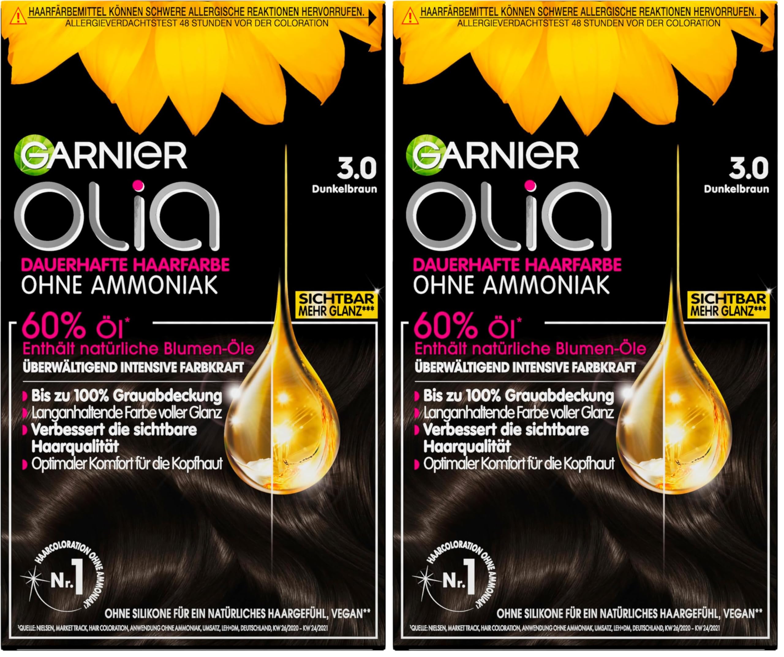 Garnier Olia Dauerhafte Haarfarbe ohne Ammoniak, Mit pflegenden und natürlichen Ölen, Vollständige Grauhaarabdeckung, Permanente Coloration, Nr. 3.0 Dunkelbraun, 1 Stück (Packung mit 2)