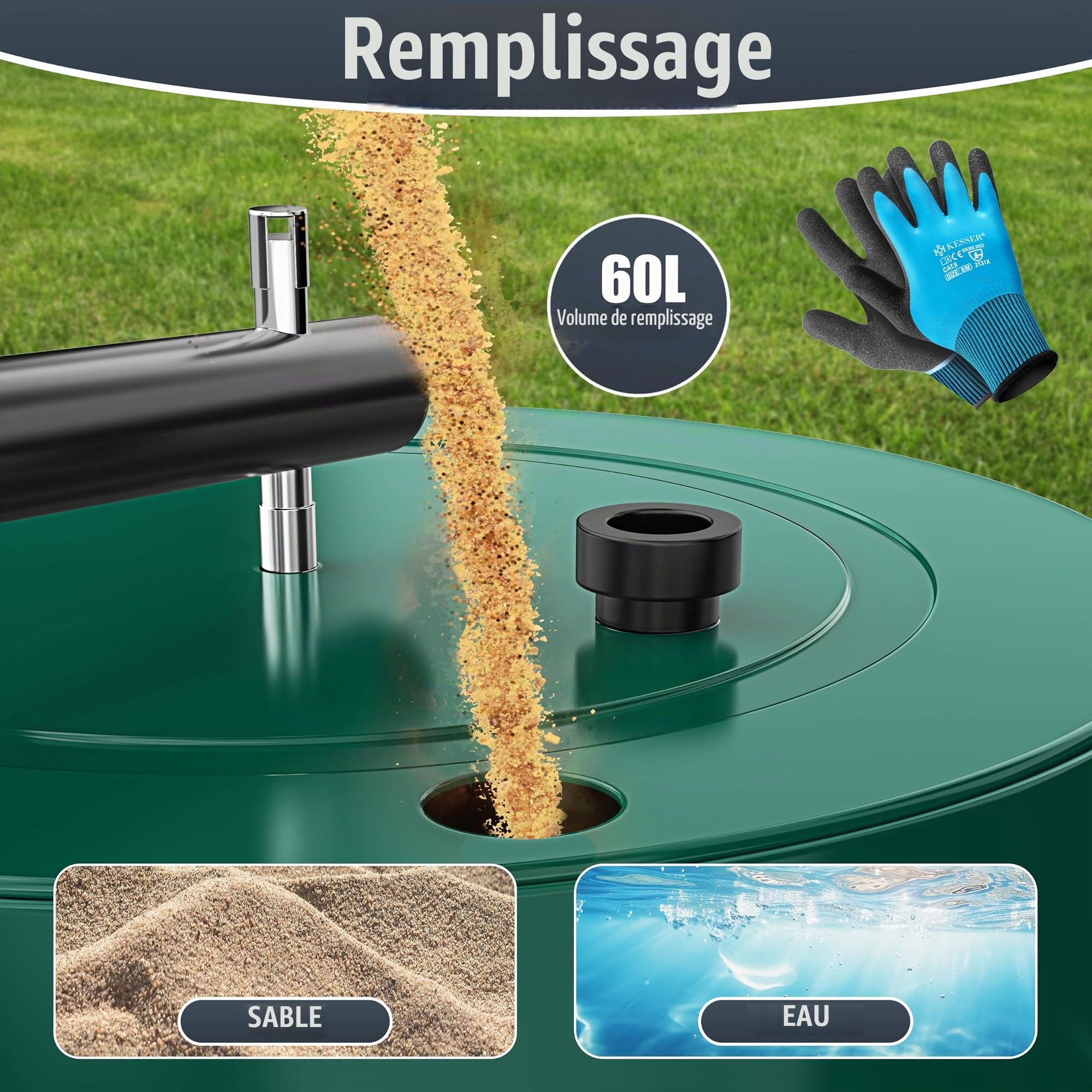 KESSER® Rouleau à gazon en métal à remplir avec de l'eau ou du sable - Volume de remplissage de 60 litres et 50 cm de large - Rouleau de jardin avec gants - Vert