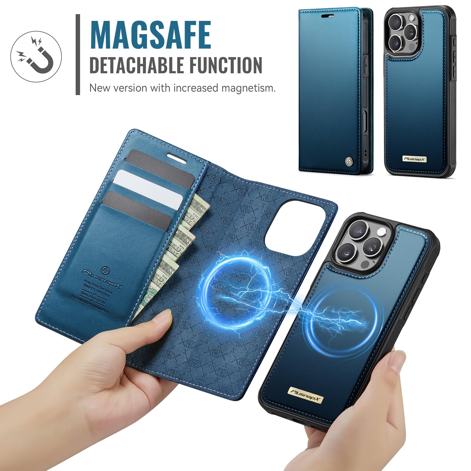 Custodia a portafoglio staccabile per iPhone 16 Pro 2 in 1, blu | Compatibile con Magsafe, magnetico, porta carte di credito con blocco RFID, antiurto, cavalletto, ricarica wireless