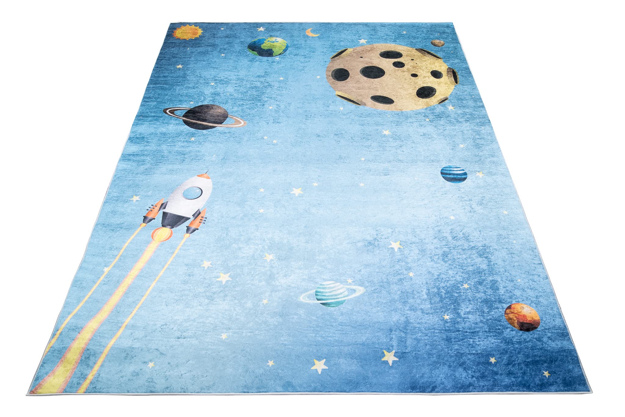 TAPISO Emma Teppich Waschbar bei 30 Grad Rakete Weltraum Planeten bedruckter Kinderteppich Antirutsch Kinderzimmer Jugendzimmer Modern ÖKO-TEX 140 x 200 cm