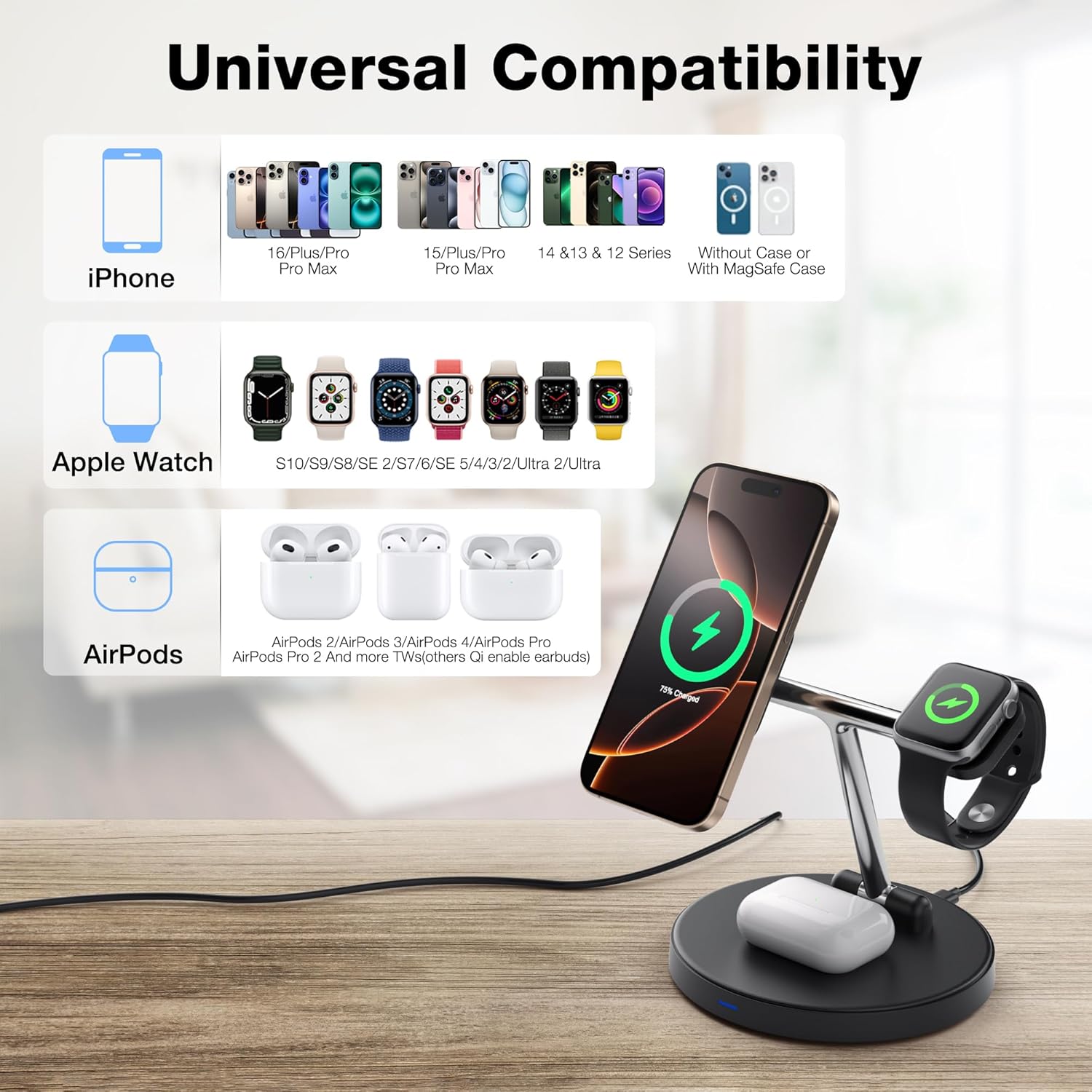 3 in 1 Foldable Magnetic Wireless Charger Stand, Fast Charging Station for iPhone 17/16/15/14/13/12 Series, Apple Watch S10/S9/S8/SE 2/S7/6/SE 5/4/3/2/Ultra 2/Ultra, Airpods Pro/Pro 2/4/3/2