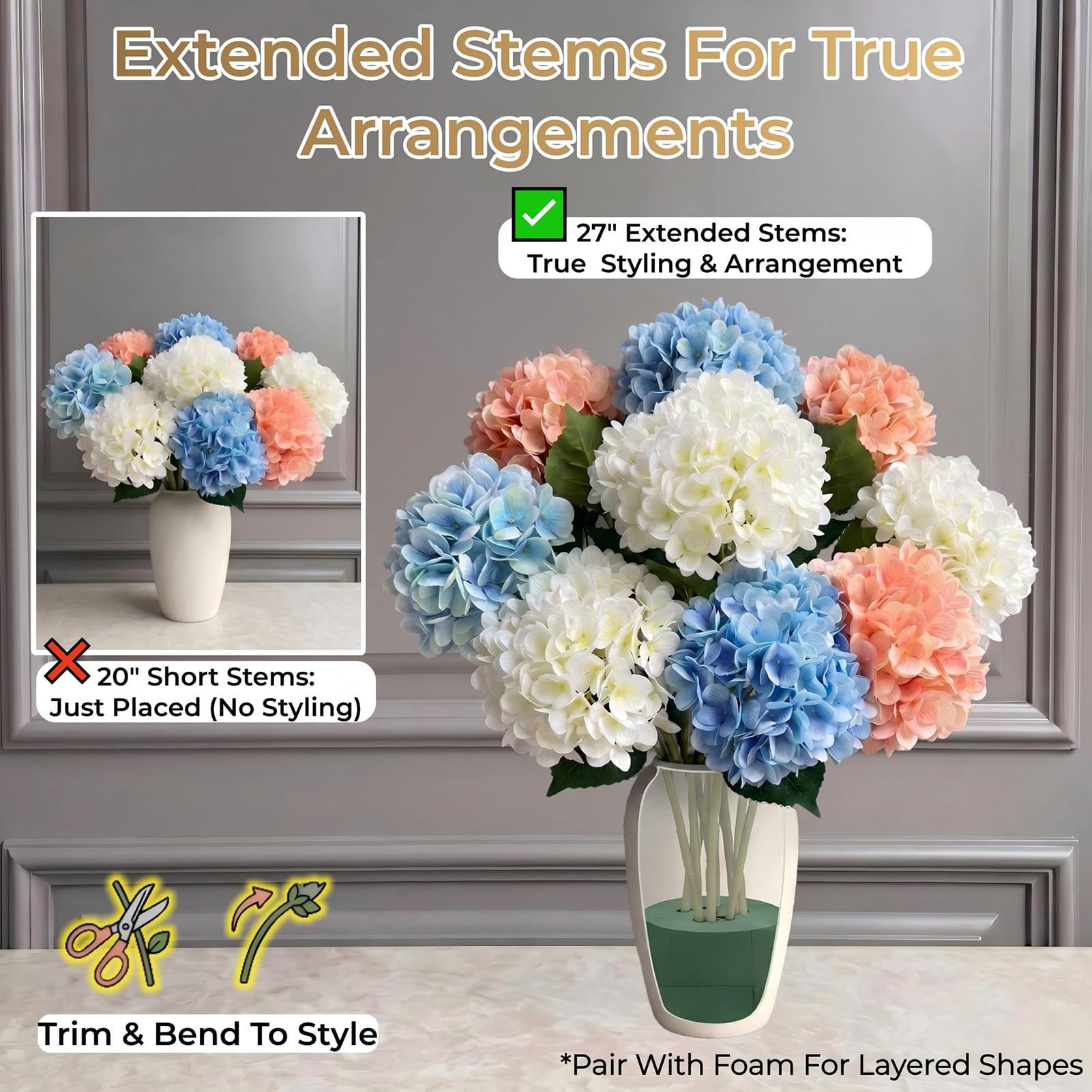 9 fiori di ortensia artificiali, con steli allungati, facili da modellare, ideali per composizioni floreali in vaso su portico, patio, matrimoni, feste e decorazioni(B)