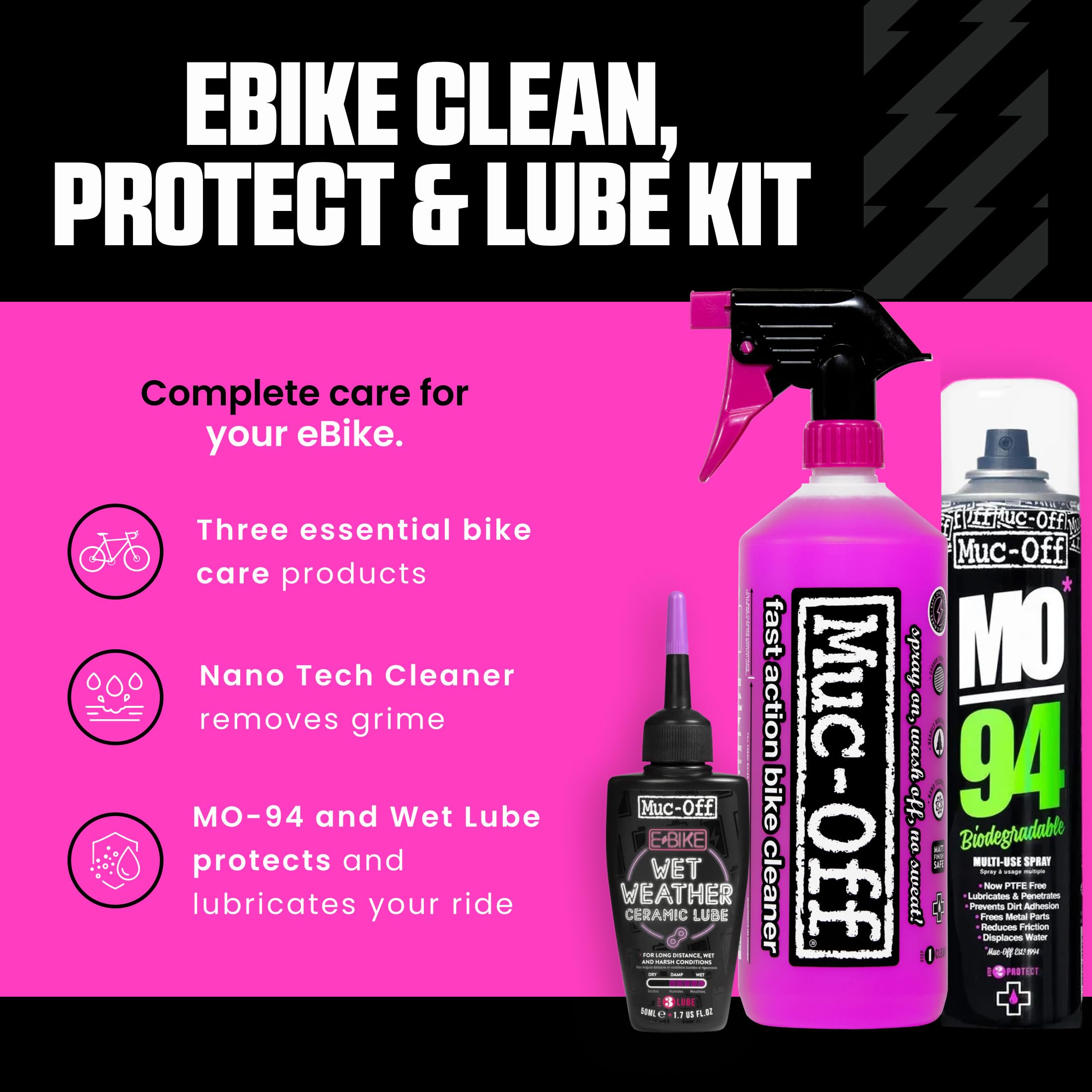 Muc Off eBike Clean, Protect & Lube Kit – Essentials zum Reinigen, Schützen und Schmieren Ihres E-Bikes – inklusive Muc-Off Fahrradreiniger, MO-94 und Kettenschmiermittel, Einheitsgröße | E-Bike Reinigungspaket mit Nano Tech Reiniger, MO-94 Spray, Nassket