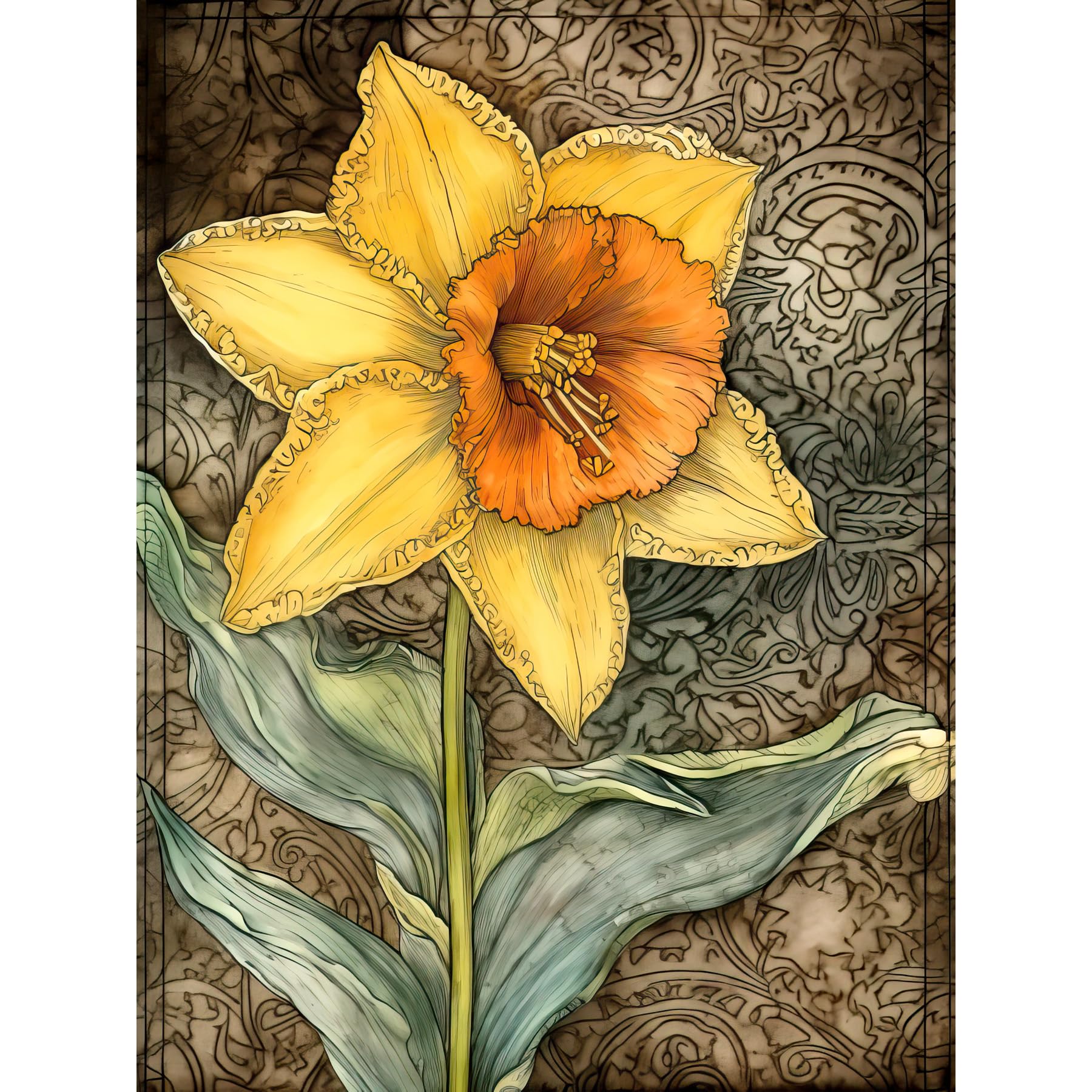 Artery8 Detailed Daffodil Flower Watercolour Art Nouveau Extra Large XL Wall Art Poster Print, Unframed Paper 24X32, 81L x 61W cm