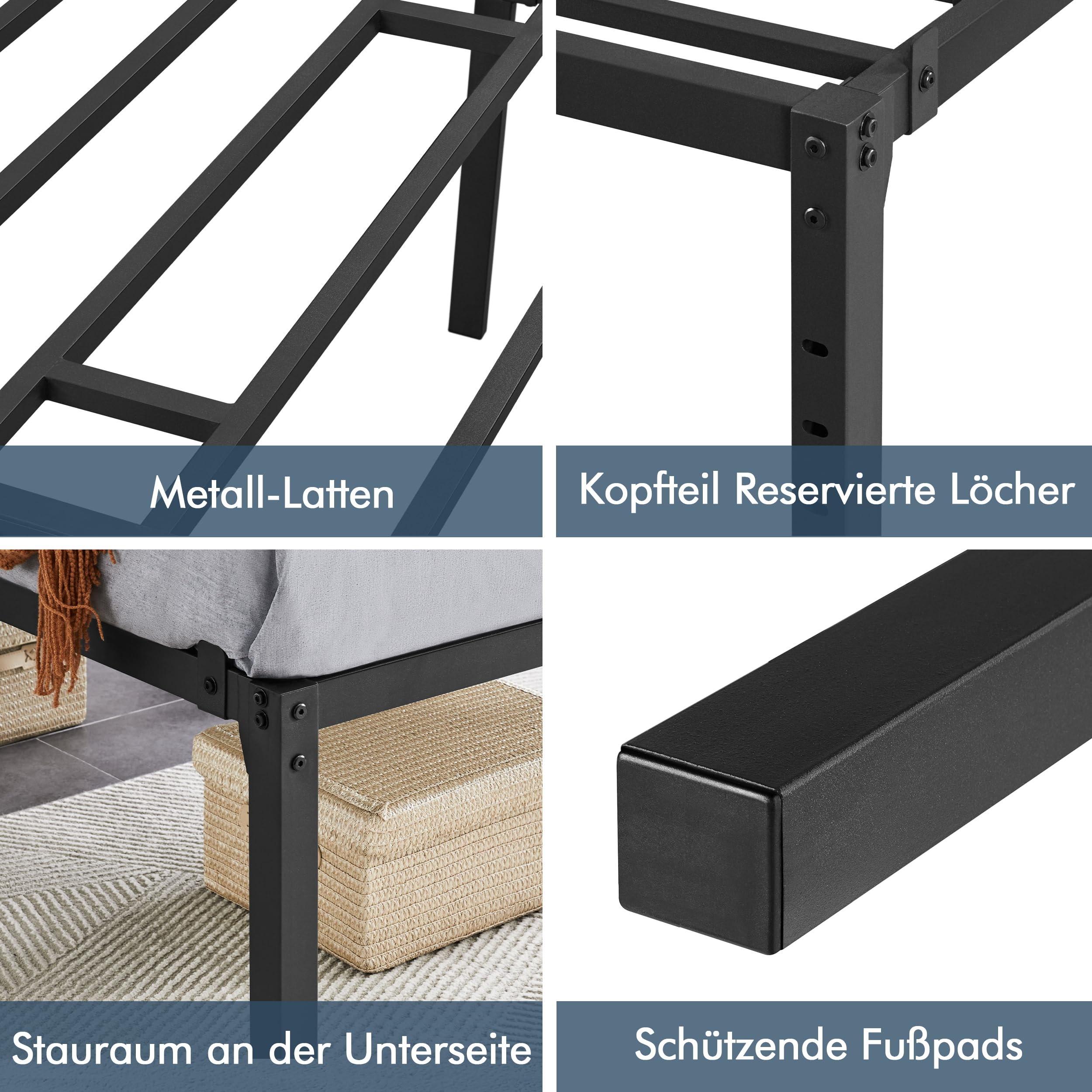Yaheetech Bettrahmen 90 x 200 cm Metallbett Bettgestell aus Metall, Modern Jugendbett mit Lattenrost, Doppelbett Einzelbett Schwarz 41cm H
