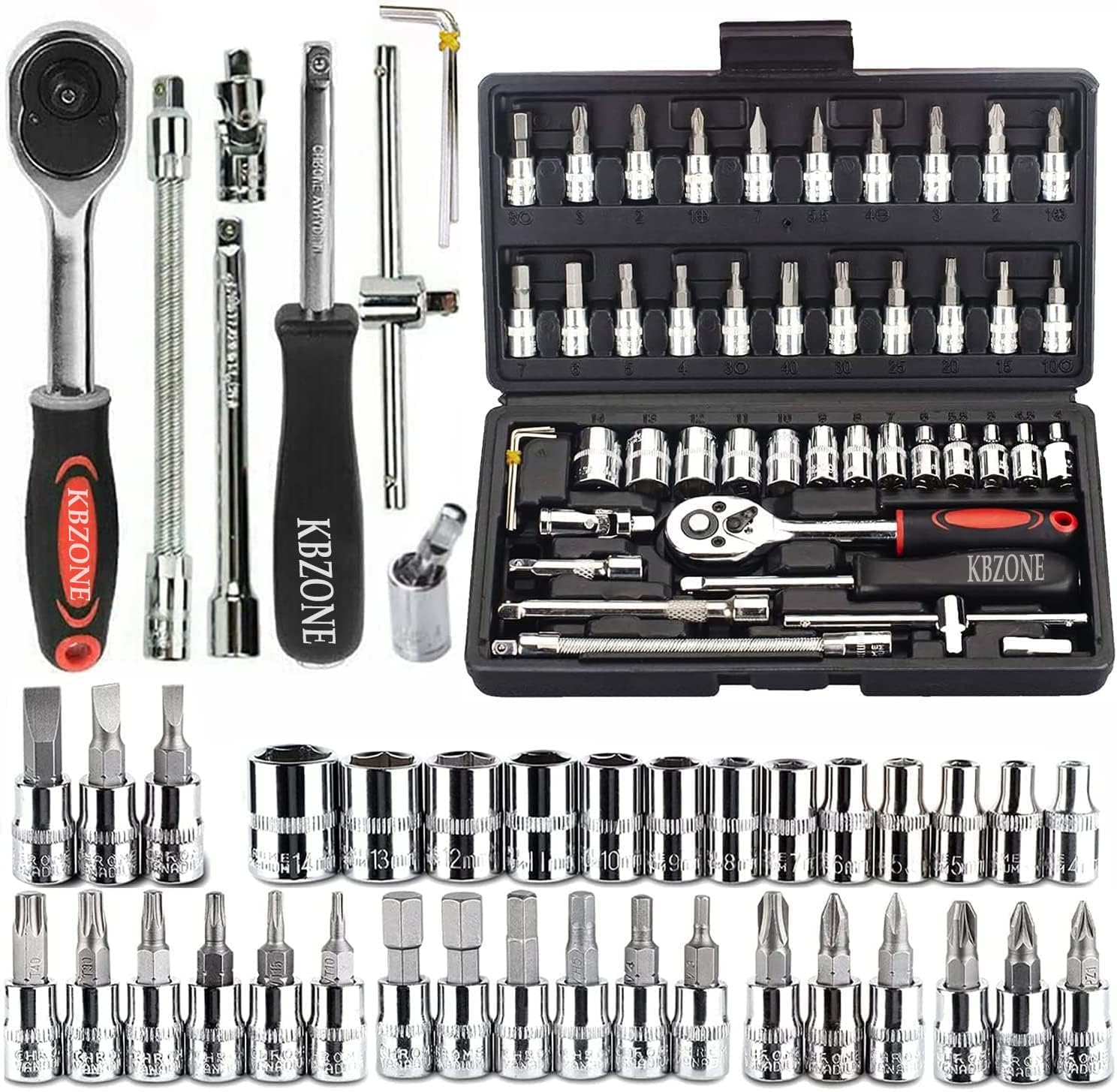 46 in 1 Pcs Combination Wrench Set/Socket, Car&Bike Repairing Hand Tool Long Handle Kit 46pcs Combo Tools Repair Box for Spanner Force Kit, Tools Set