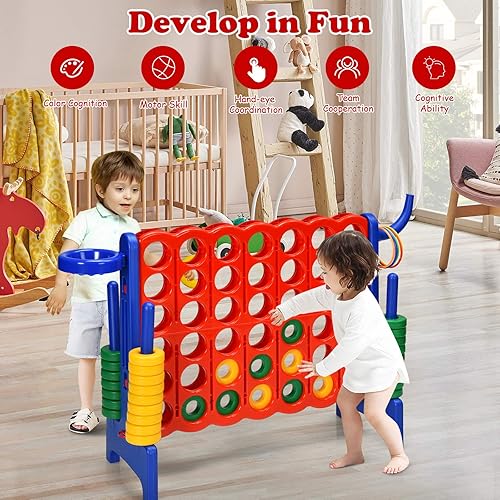 Miniatura 8 de KOTEK Juego gigante 4 en fila, juego familiar jumbo de 4 en puntuación con deslizadores de liberación rápida, 42 anillos, lanzamiento de anillos y