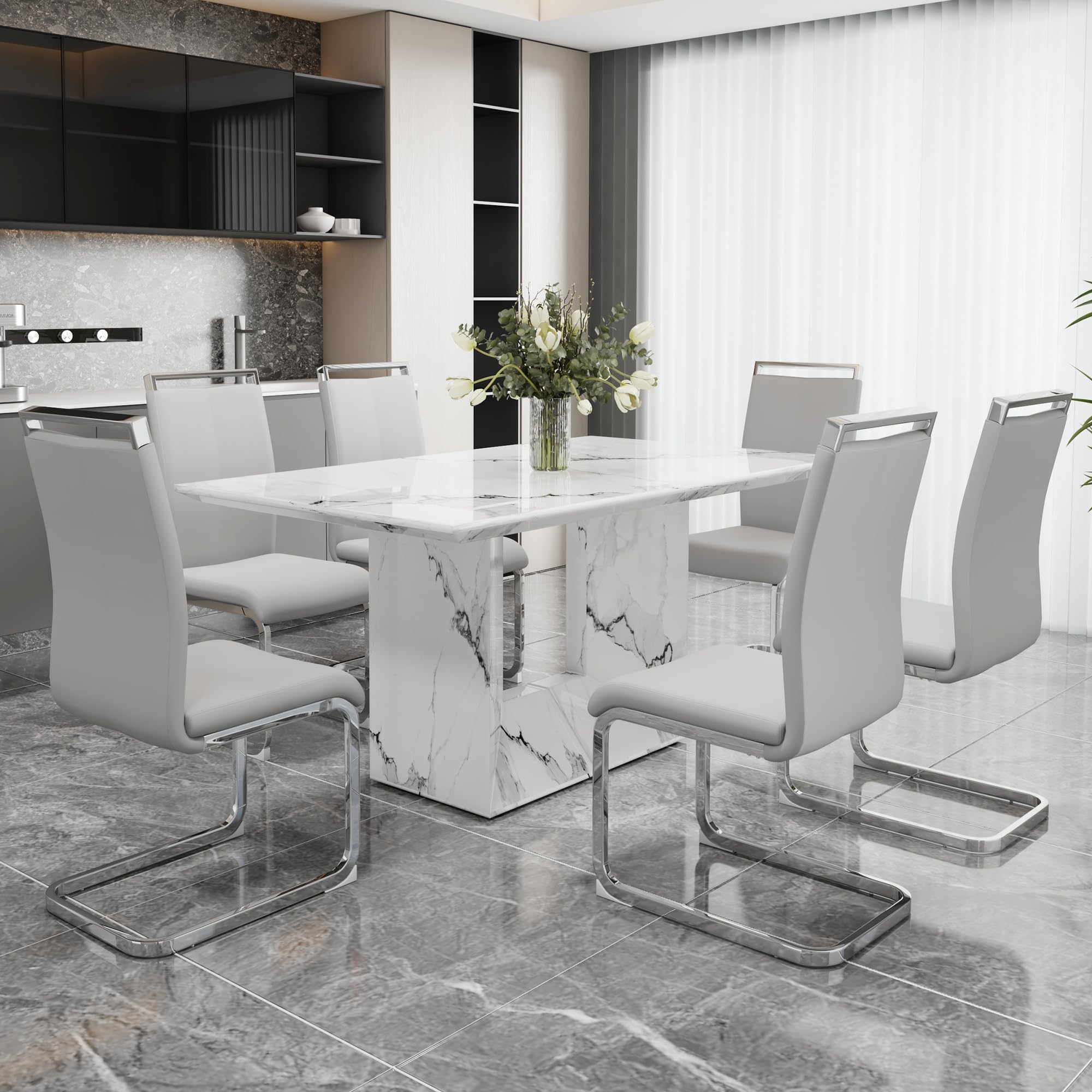 MUUOKY Dining Table Set for 6, 63'' Kitchen Table and Chairs for 6, White Faux Marble Table and 6 PU Leather Modern Chairs Set, Suitable for Kitchen