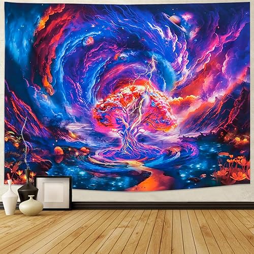 Miniatura 7 de Generleo Tapiz con luz negra, galaxia, planeta, árbol de la vida, tapiz reactivo a los rayos UV, tapiz de nebulosa en espiral, fantasía, montaña