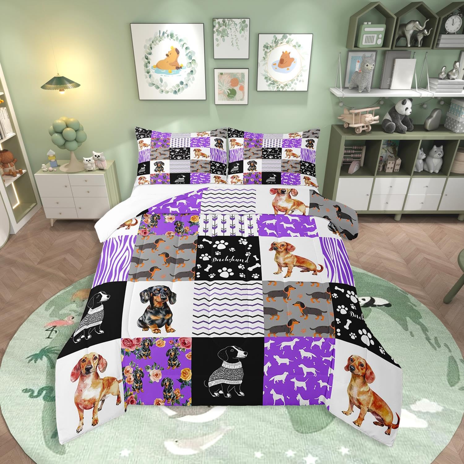 Erosebridal Dog Themed Comforter Queen Size,Dachshund Bedding Set for Teens Youth Adult,Purple Dog Patchwork Quilt for Kids Gift,Puppy Paw Geometric