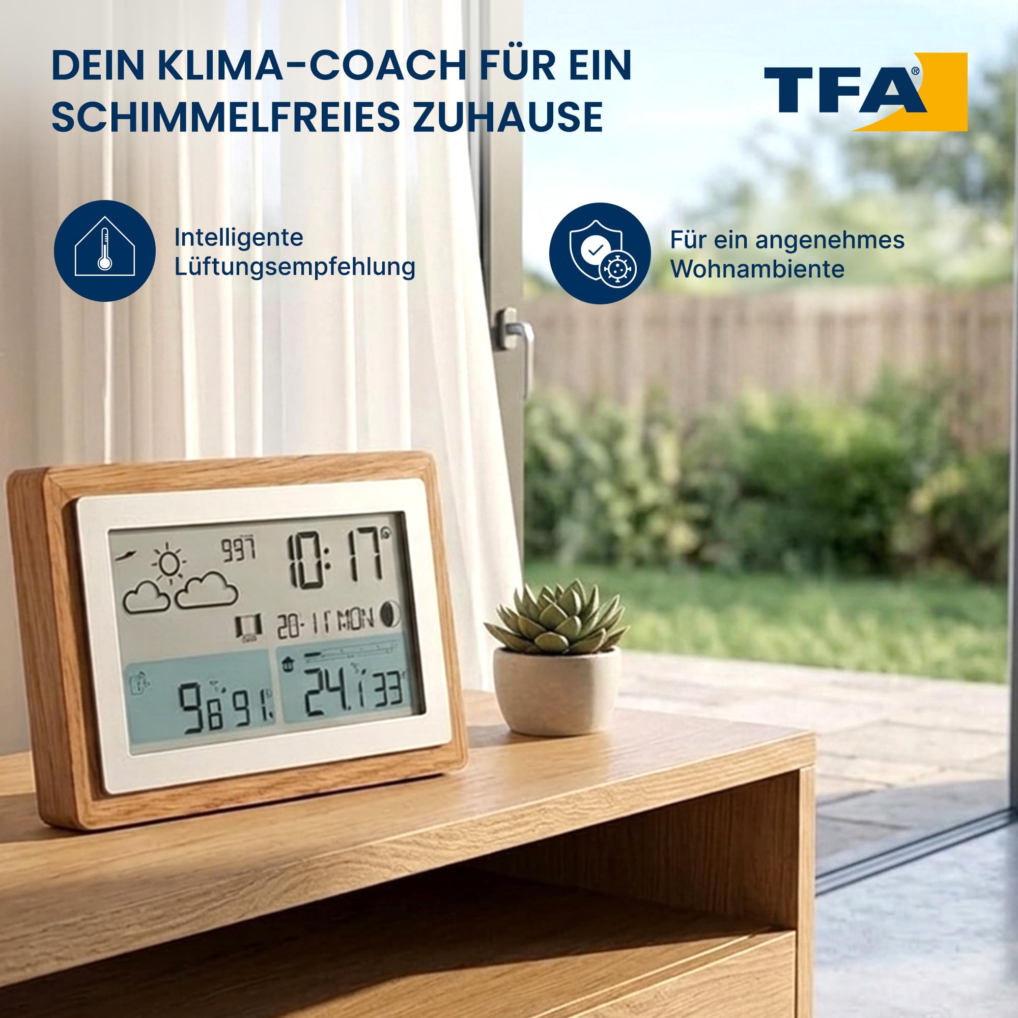 TFA Dostmann Funk-Wetterstation mit Außensensor OAK, 35.1167.54, Wettervorhersage, mit Holz-Rahmen, Innen- und Außentemperatur, Lüftungsempfehlung, dimmbar, inkl Wecker, digital, braun
