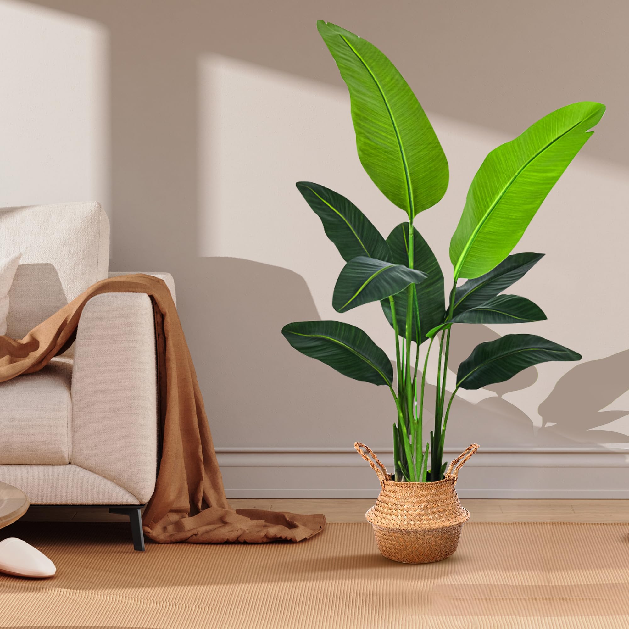 Künstliche Paradiesvogel Künstliche Pflanze groß 120cm Kunstpflanzen Tropische Palme mit 9 Blättern Kunst Bananenbaum Plastik Pflanze Palme im Topf Deko für Wohnzimmer Schlafzimmer Büro