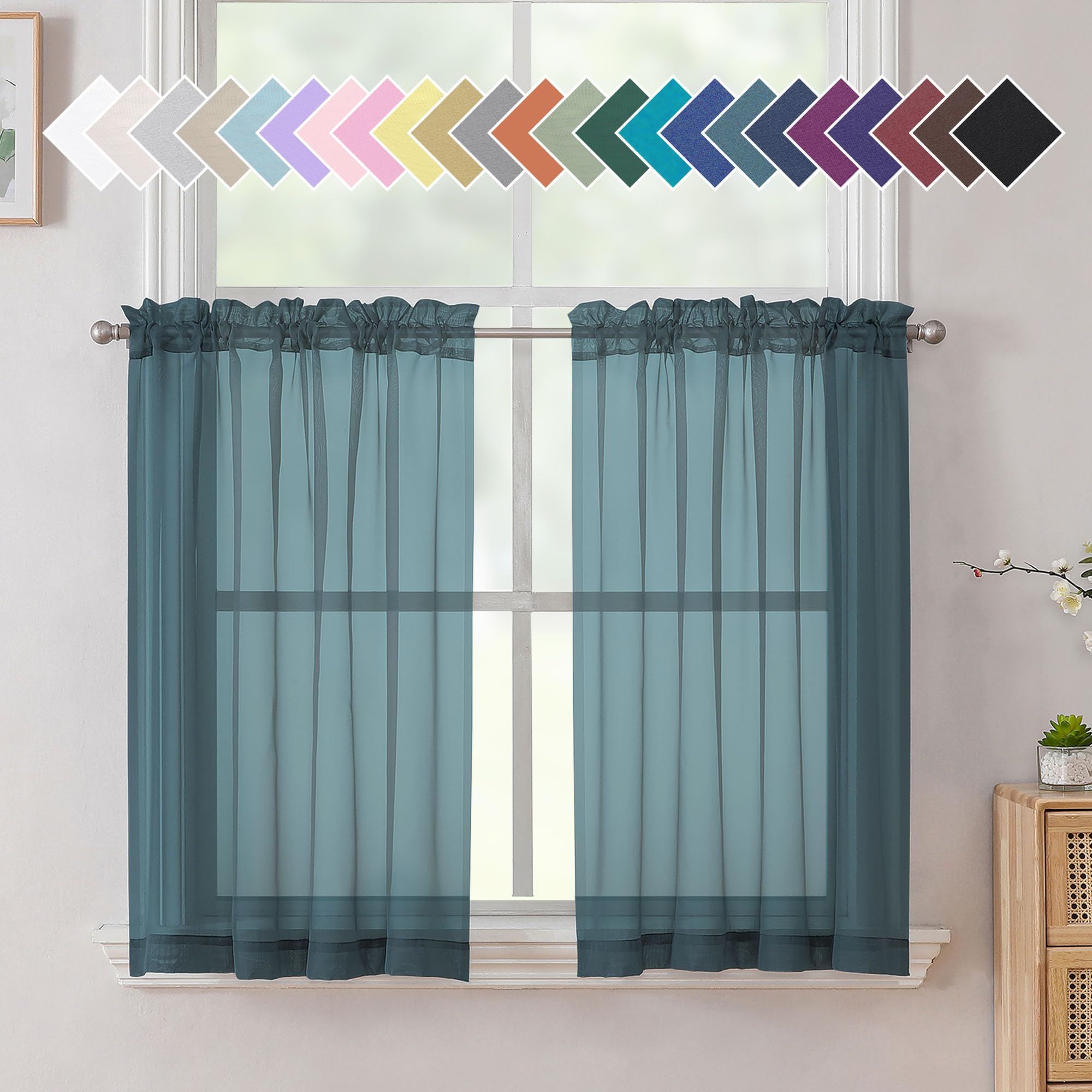 Aiyufeng Short Sheer Curtains 36 inches Long Rod Pocket Kitchen Cafe Bathroom Curtains 40" W x 36" L, Dusty Blue, Set of 2