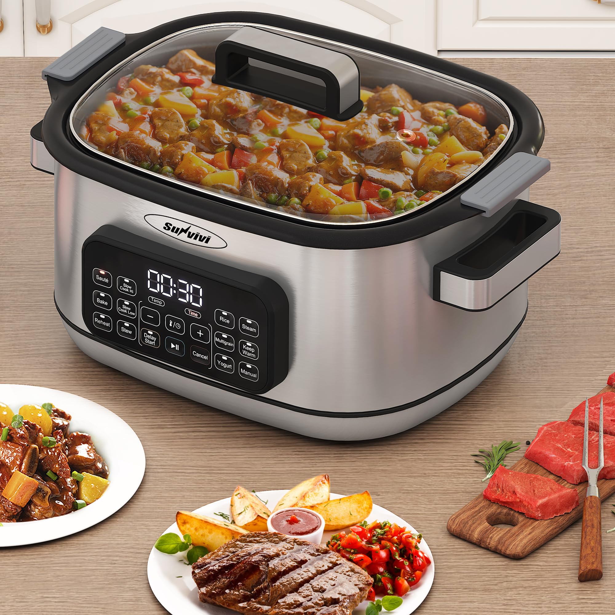 SUNVIVIPRO 12-in-1 Multicooker, 6.5QT Slow Cooker Roaster Oven, Digital Programmable Multi Functional Pot with Timer, Temp Control, Delay Start, Glass Lid, Removable Nonstick Pot & Roast/Steam Rack