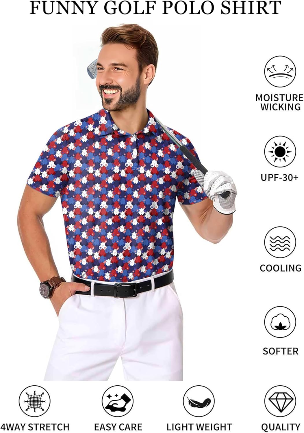 Funny Golf Shirts for Men Short Sleeve Funny Print Quick-Dry Polo Shirt Hawaiian Beach Summer 4th of July Golf Shirt