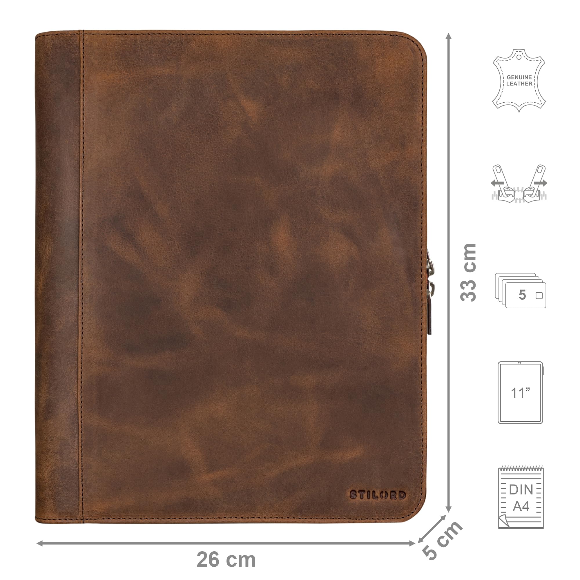 STILORD 'Tate' Vintage Leather Ring Binder A4 Folder Genuine Leather Document Holder Tablet 11 Inch Conference Folder Zip - Image 2