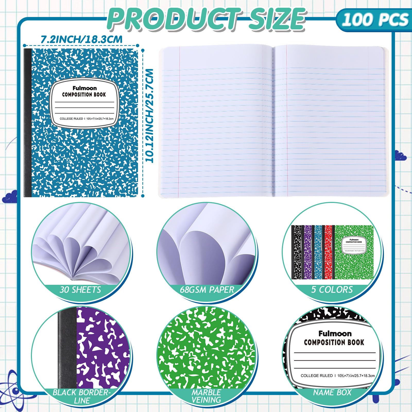 Fulmoon Quaderni di composizione, 24,8 x 19,1 cm, 60 fogli per comp, nero, viola, blu, rosso, verde, con marmo, per scuola, bambini, casa, ufficio (100 pezzi, a righe college, spaziatura 9/32 pollici)