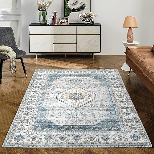Miniatura 7 de ROYHOME Alfombra para sala de estar, 5 x 7 pies, resistente a las manchas, alfombra vintage antideslizante, lavable a máquina, para dormitorio,