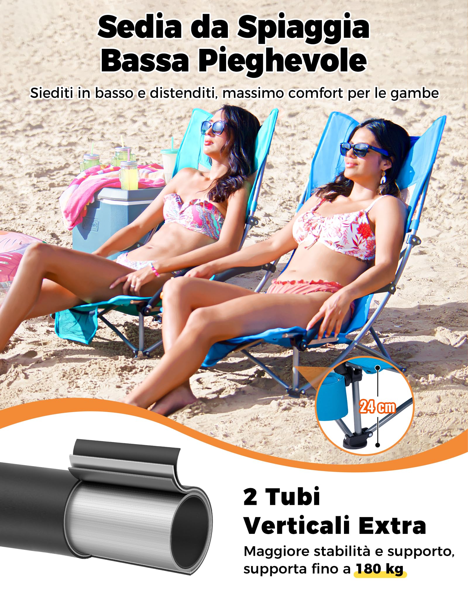 KingCamp Set di 2 Sedie da Spiaggia Pieghevoli Portata 180kg Cuscino Imbottibile Ciano